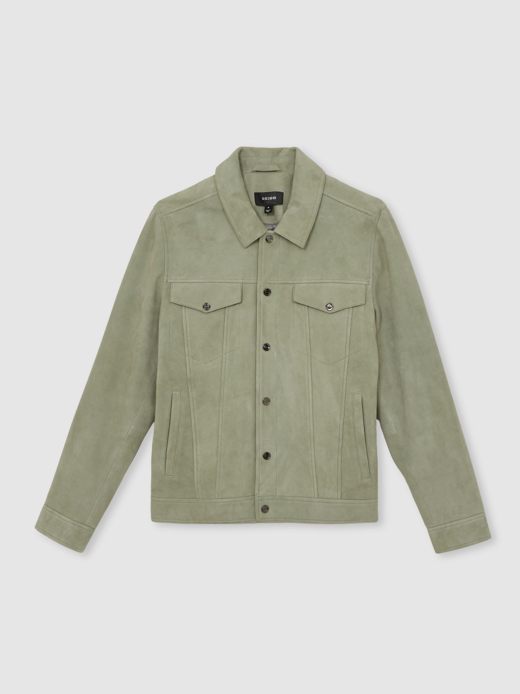 Suede Press Stud Trucker Jacket in Pistachio Green