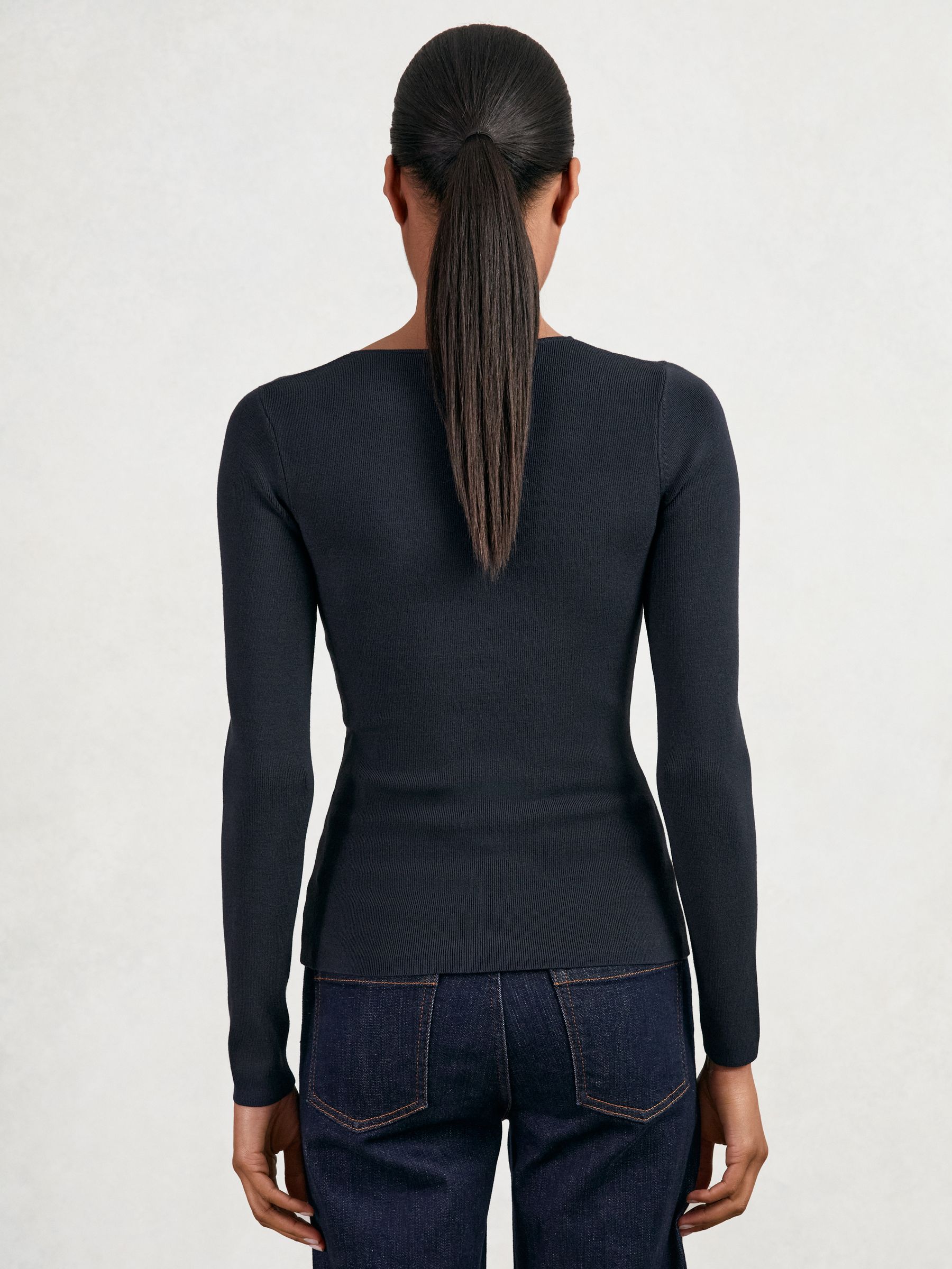 Chain-Detail Keyhole Knit Top in Navy