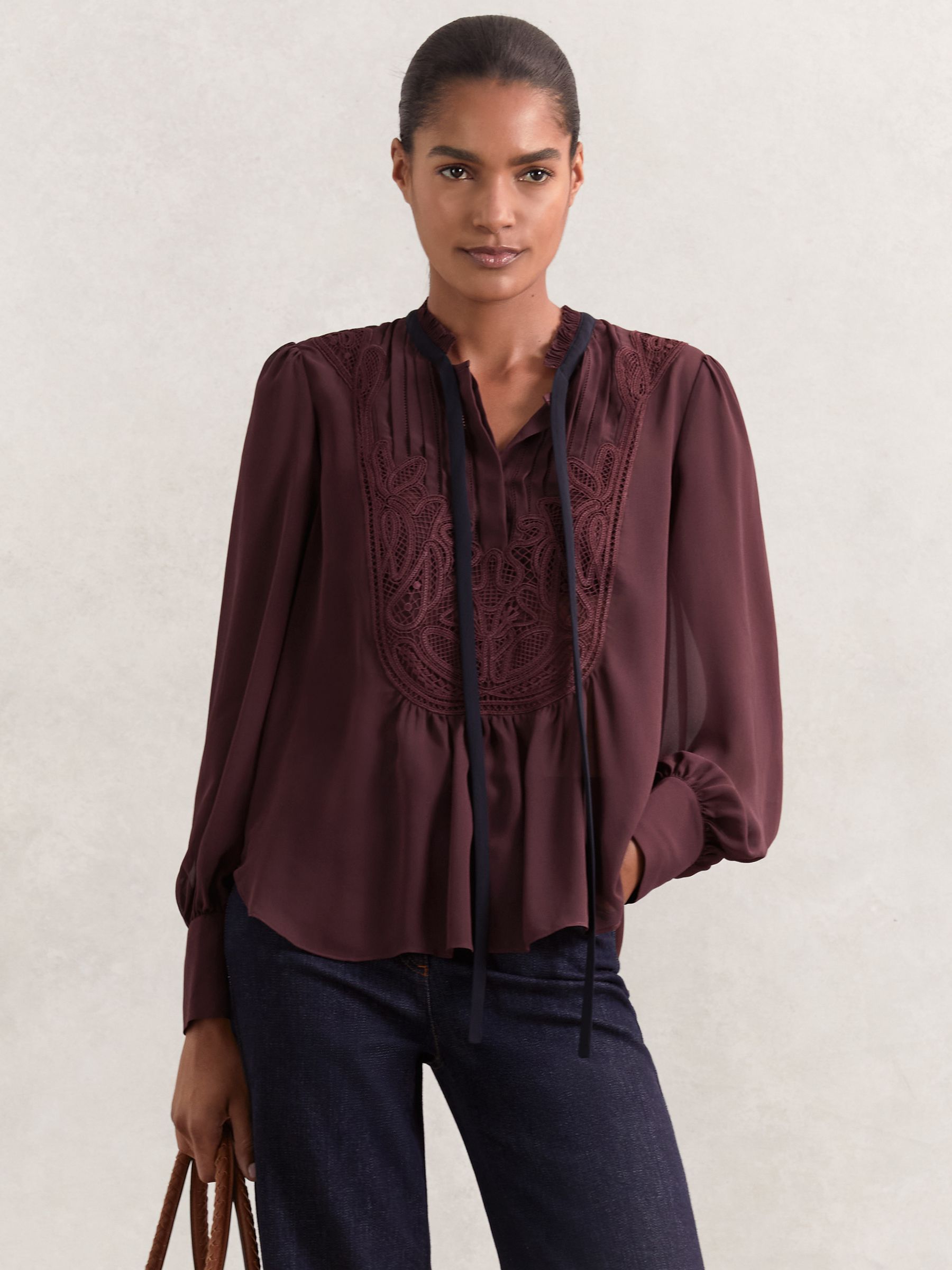 Lace-Embroidered Tie-Neck Shirt in Burgundy