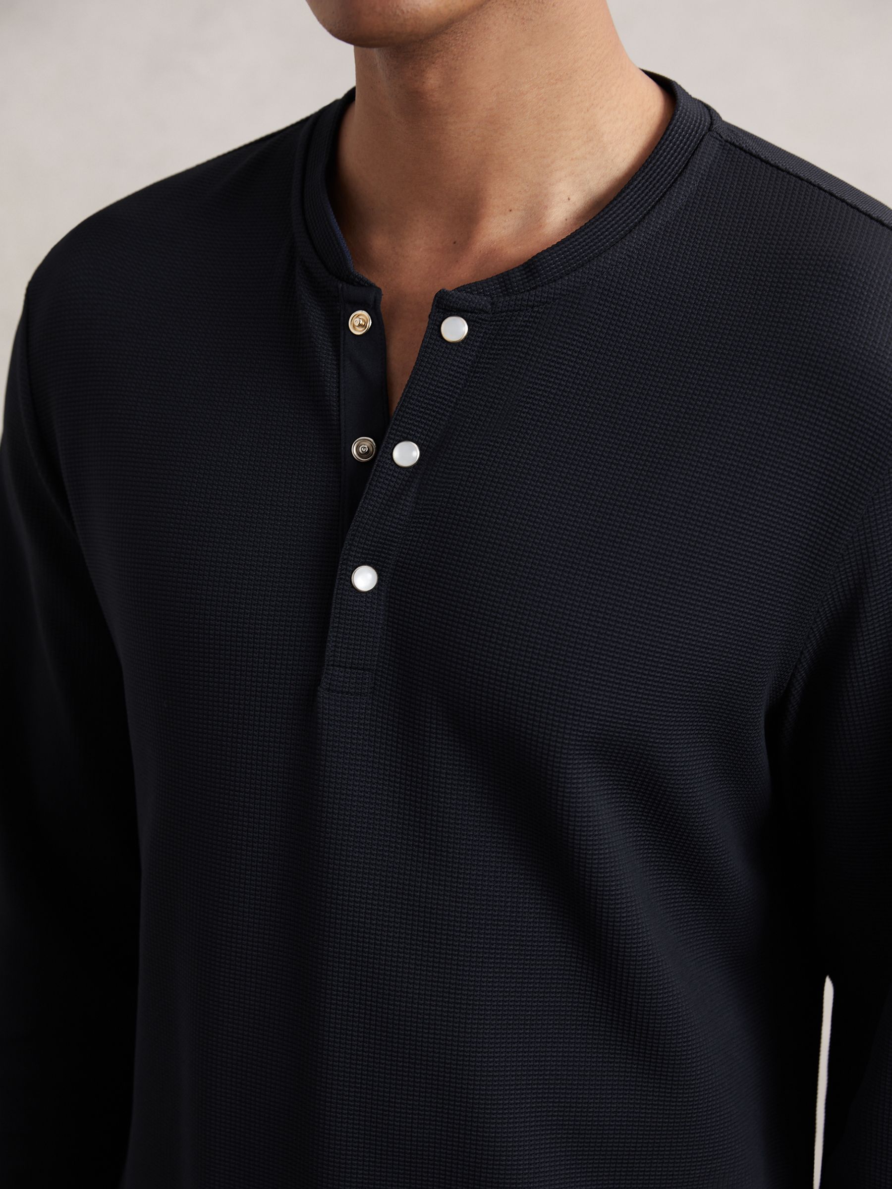 Textured Grandad-Collar Henley Shirt in Navy