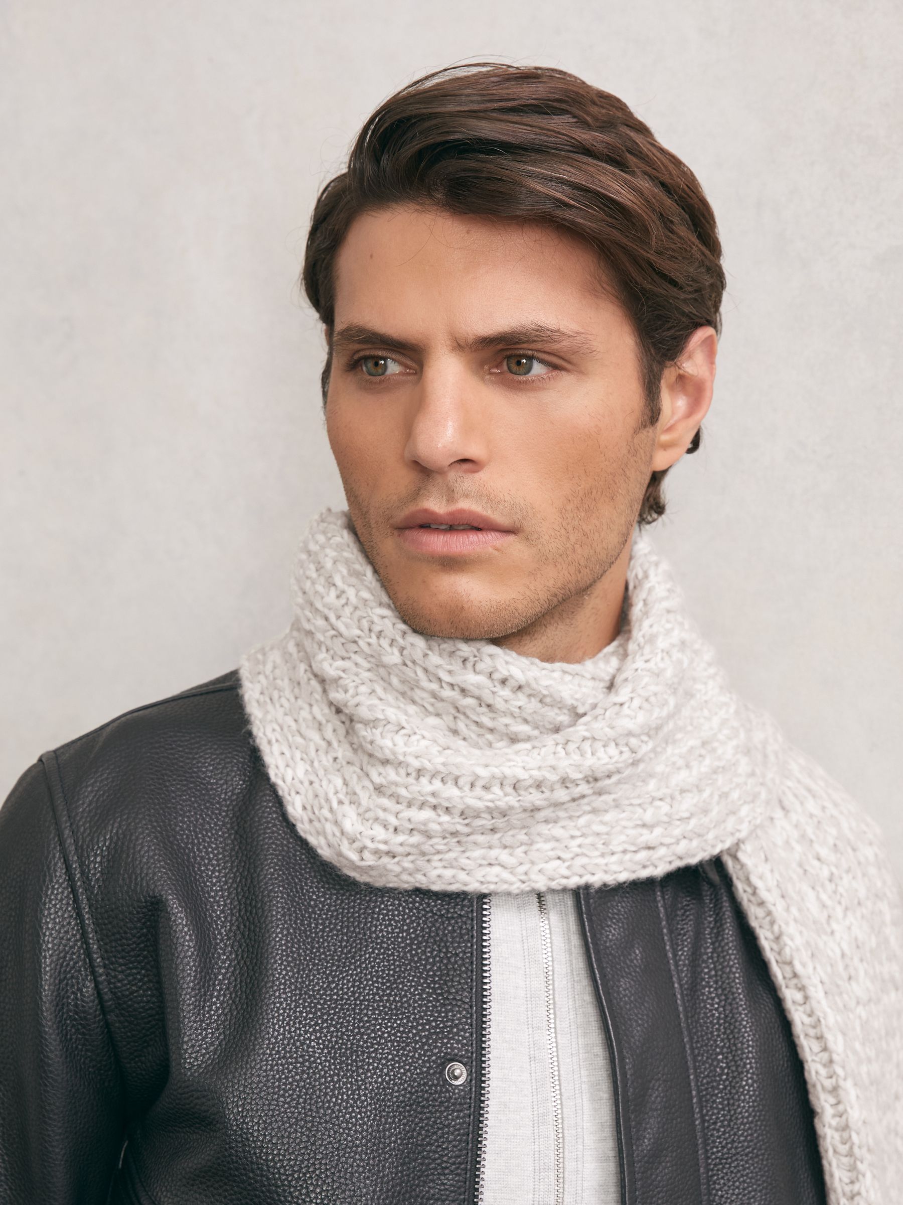 Rib-Knit Marl Scarf with Wool in Grey Marl