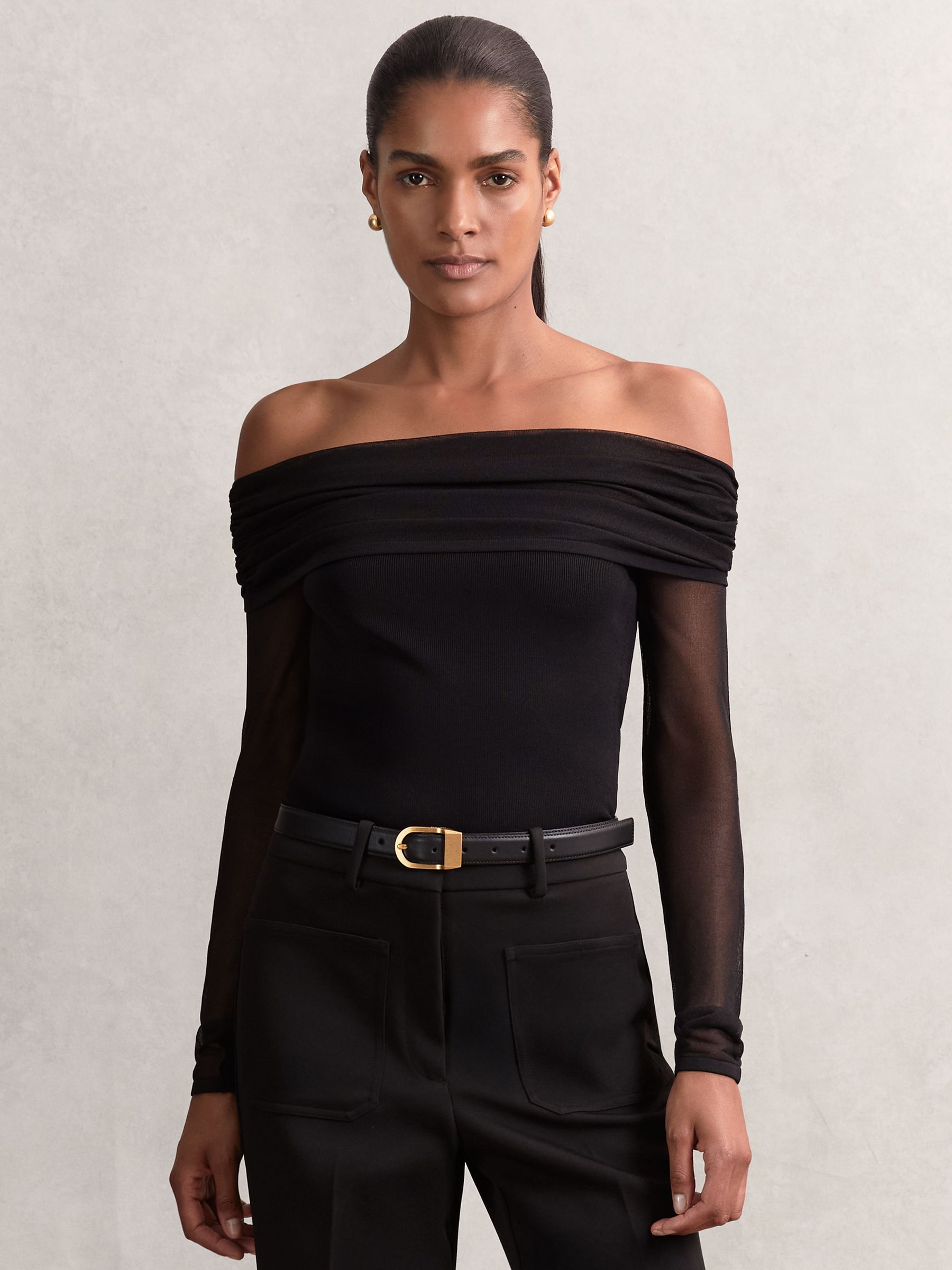 Sheer Mesh Bardot Top in Black