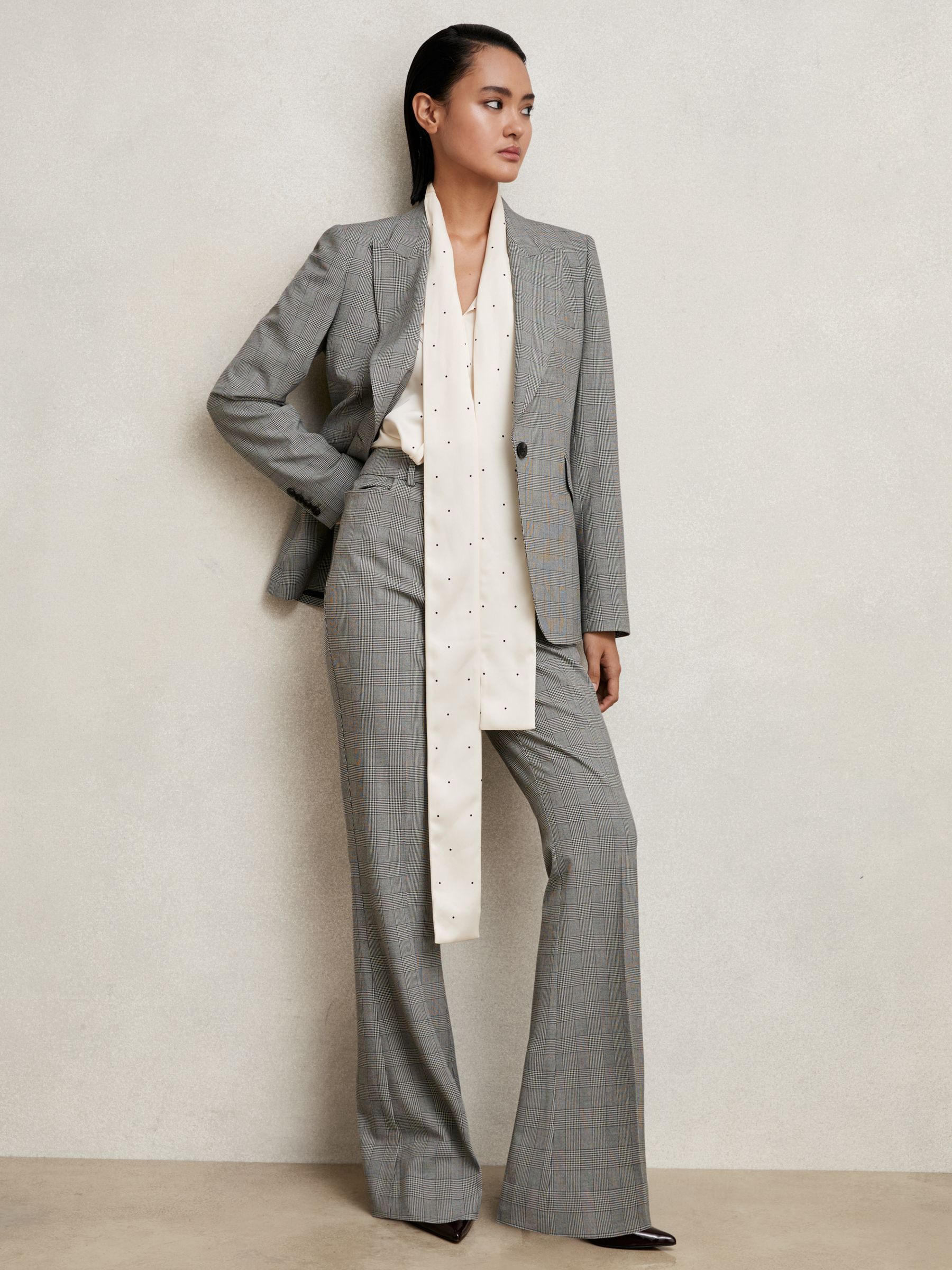 Petite Single-Breasted Check Suit Blazer in Grey