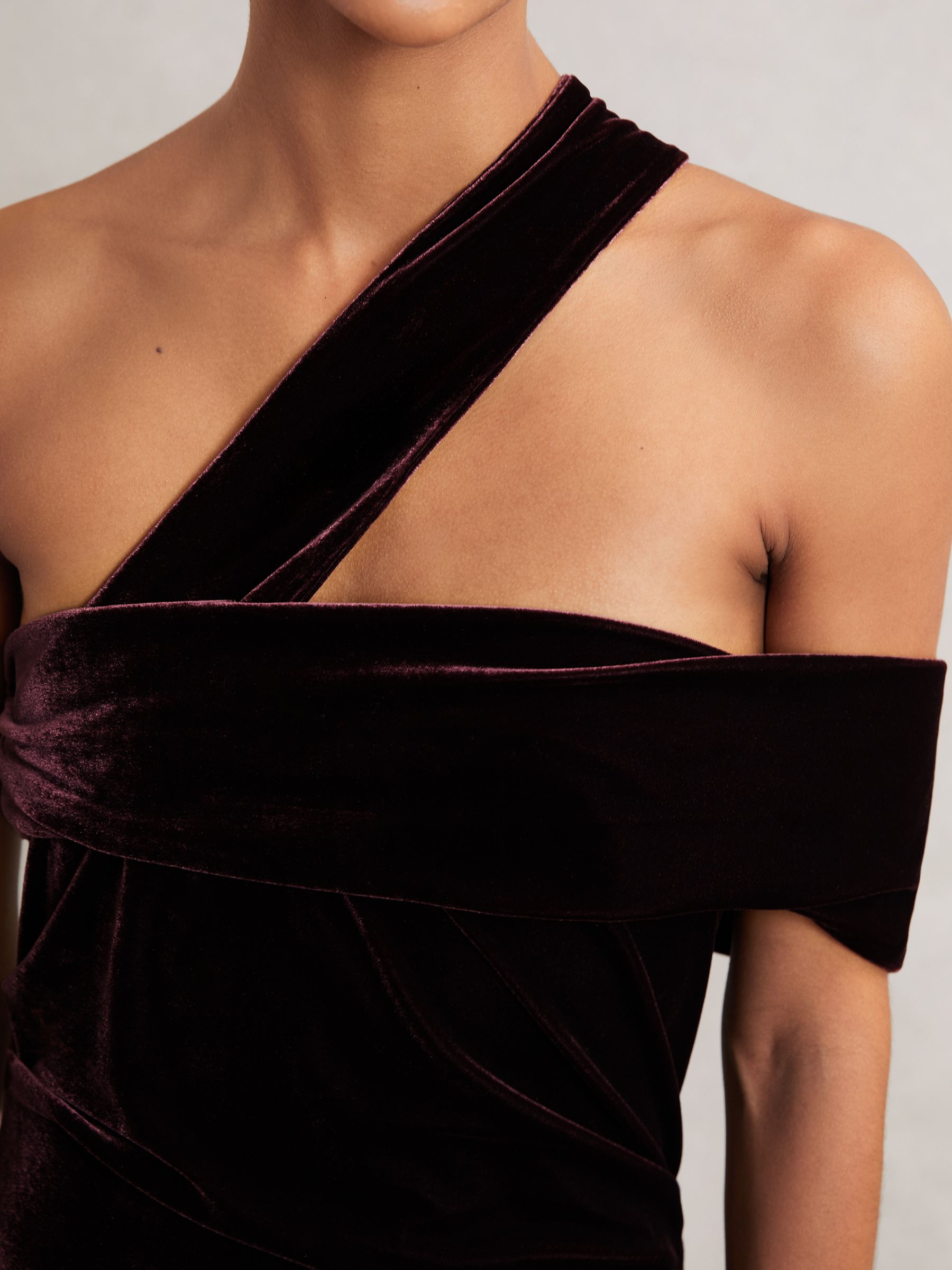 Velvet One-Shoulder Midi Dress in Burgundy