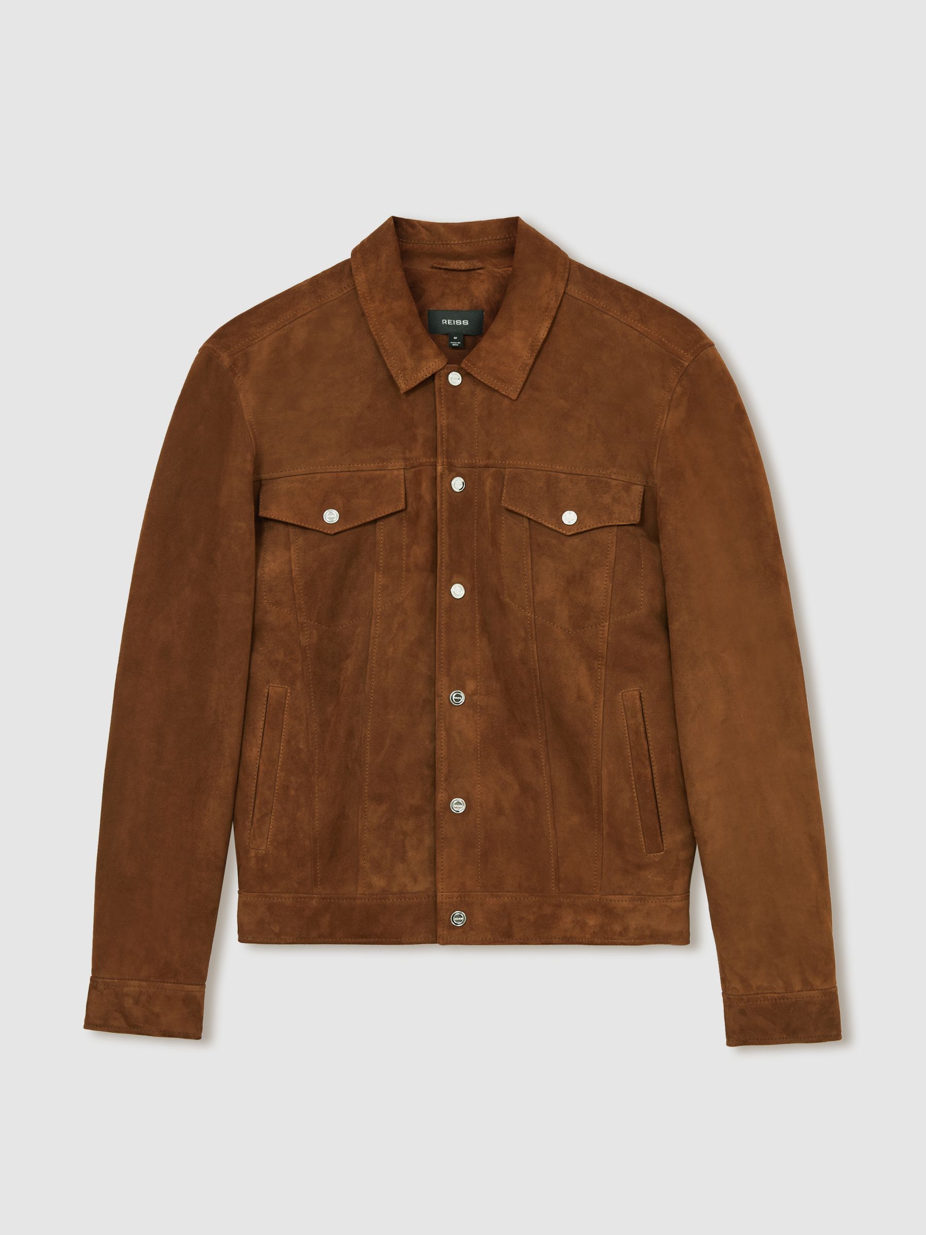 Suede Press Stud Trucker Jacket in Tobacco Brown