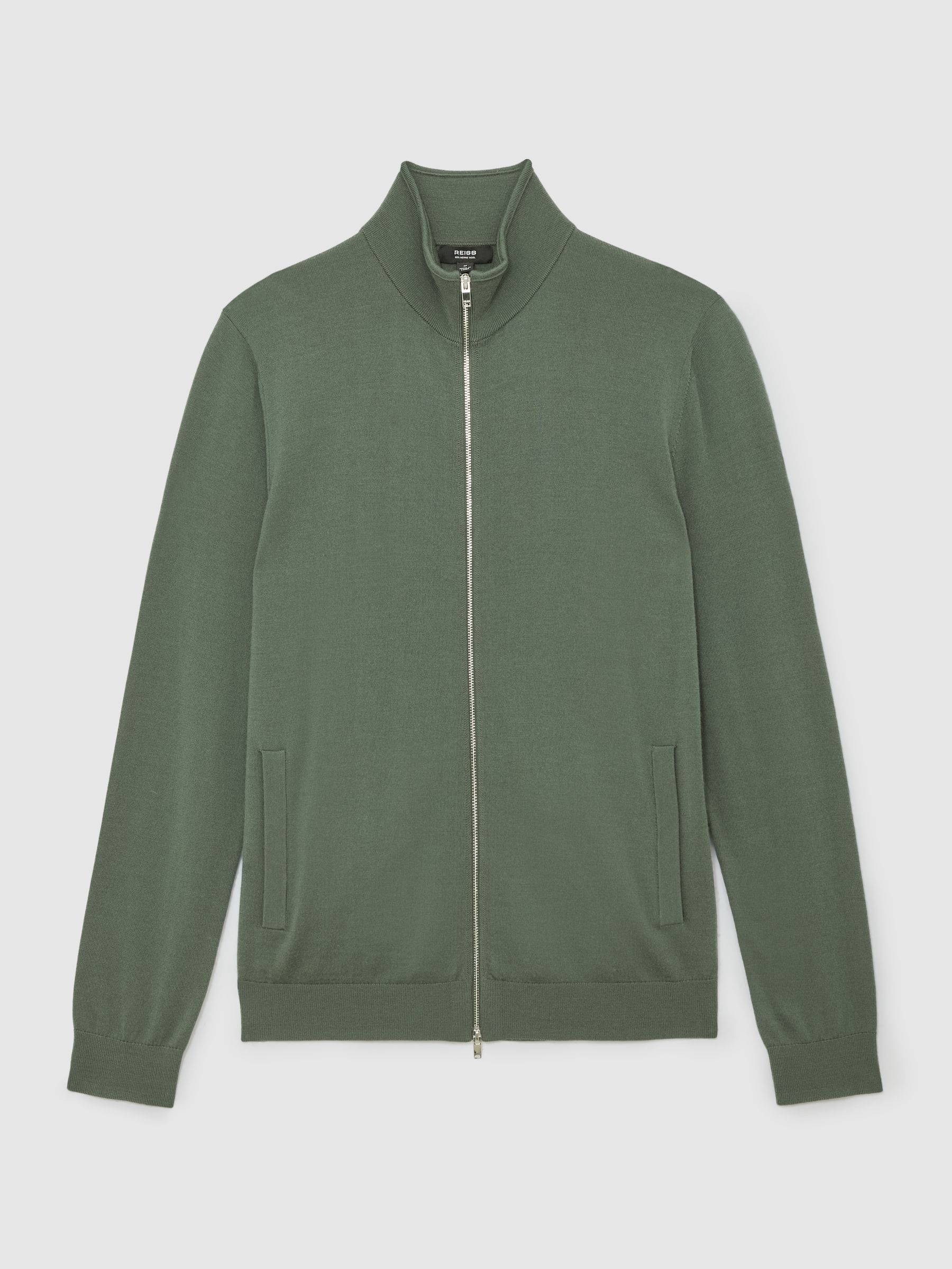 Merino Wool Zip-Through Cardigan in Kale Green