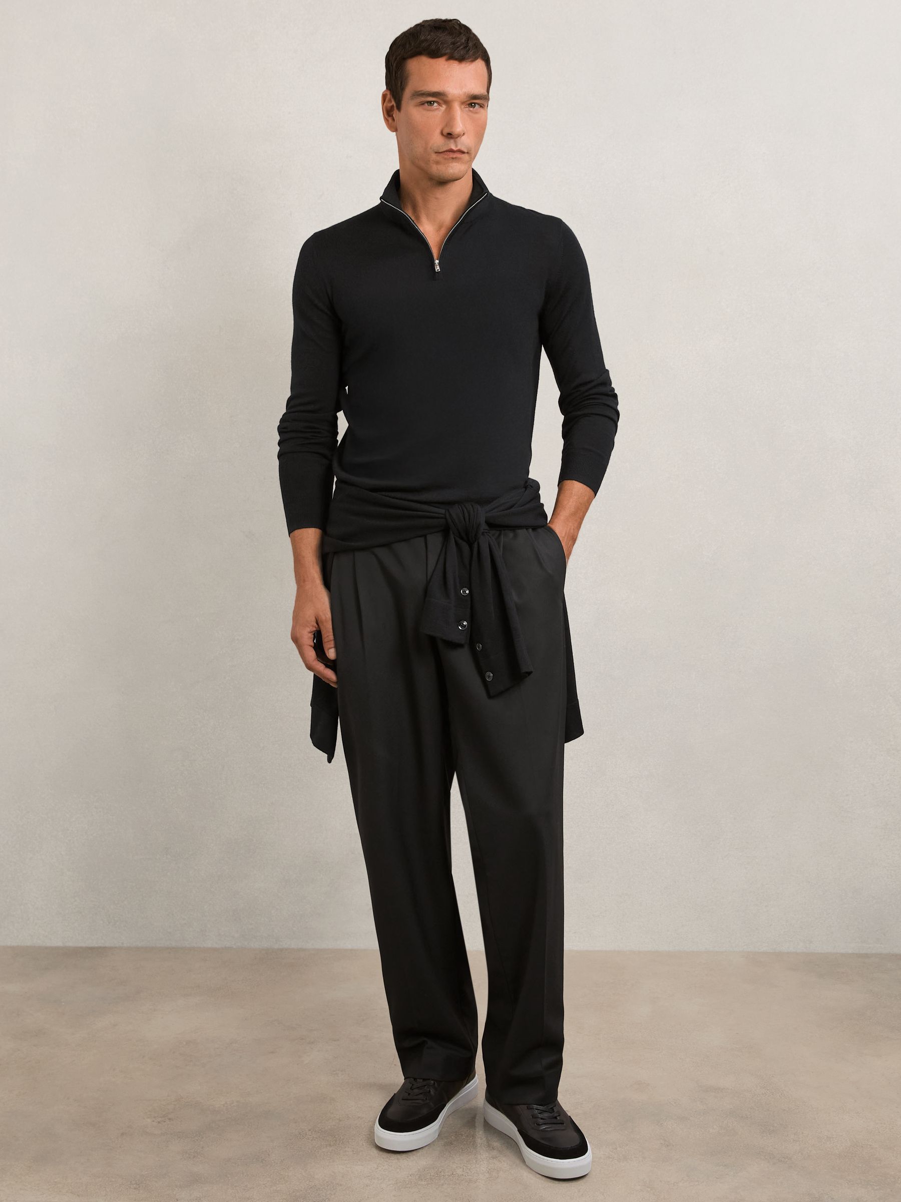Merino Wool Half-Zip Funnel Neck Jumper in Black