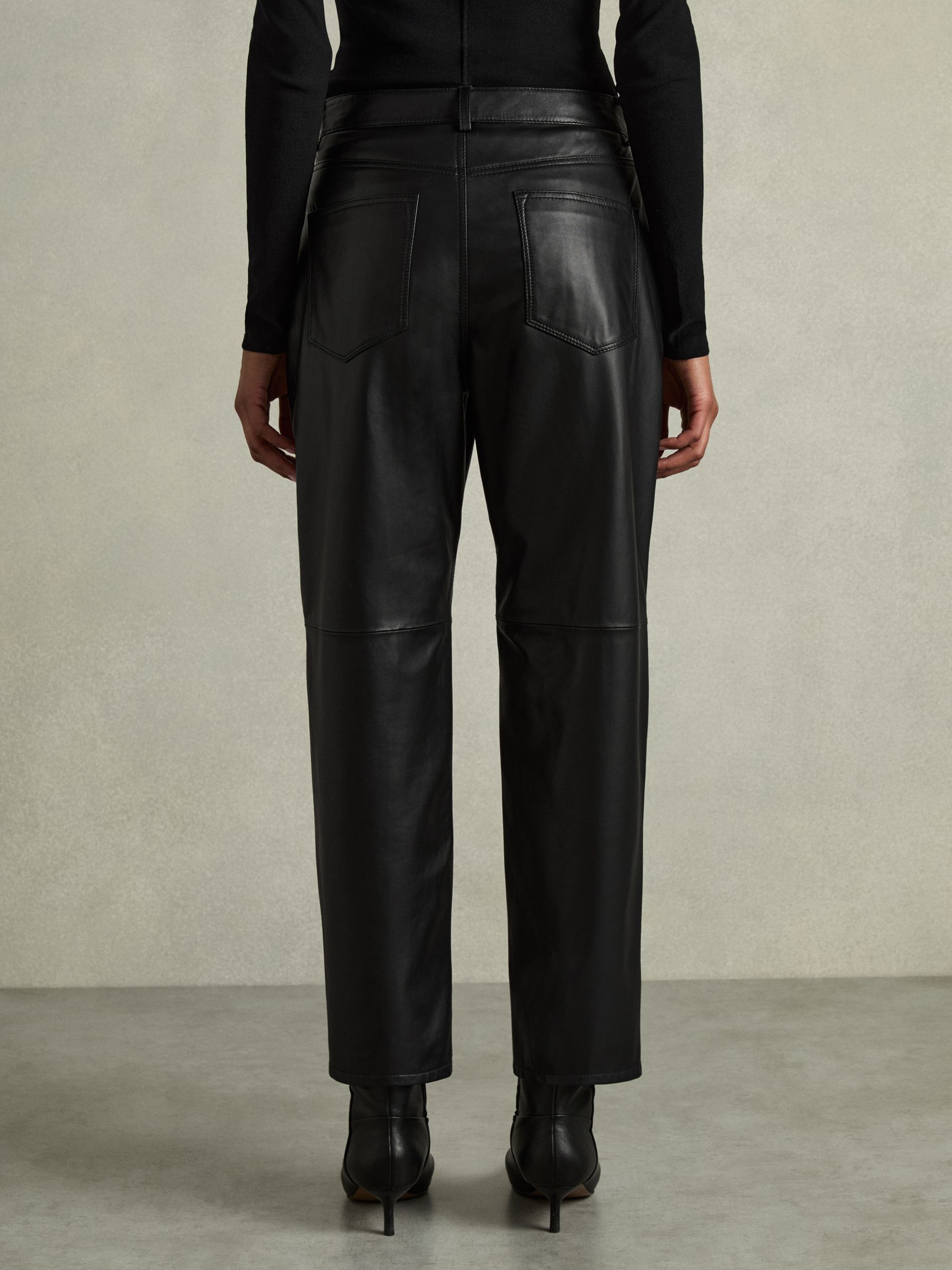Petite Leather Slim-Leg Trousers in Black