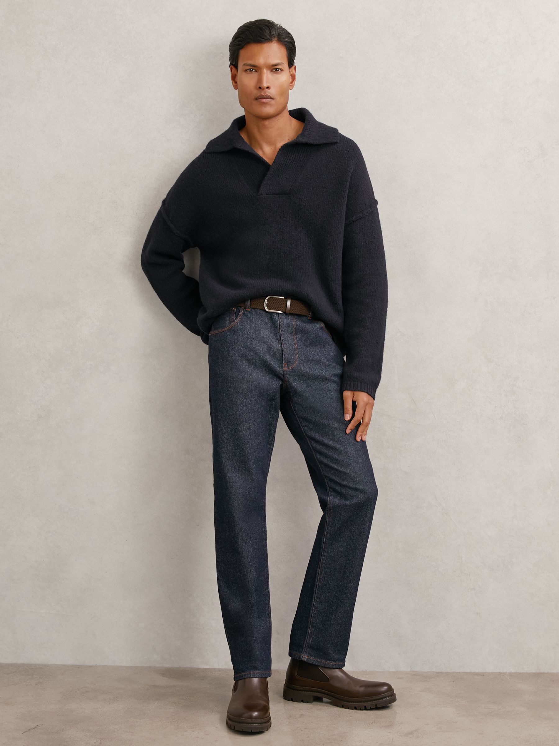 Wool-Blend Relaxed Open-Collar Jumper in Navy