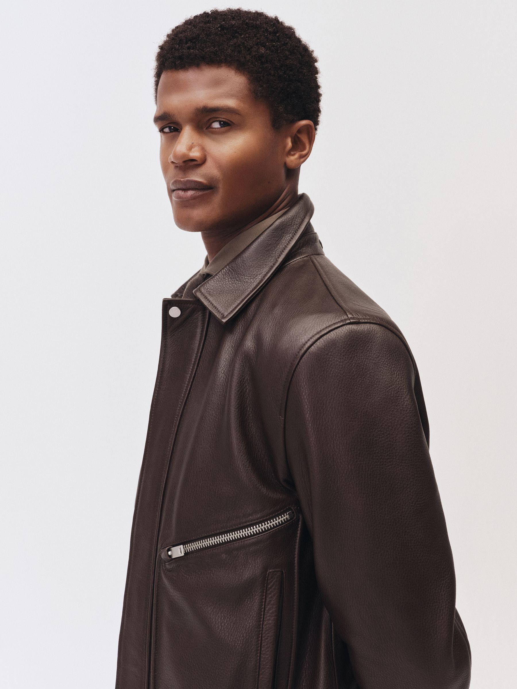 Burnished-Leather Zip-Through Jacket in Chocolate Brown