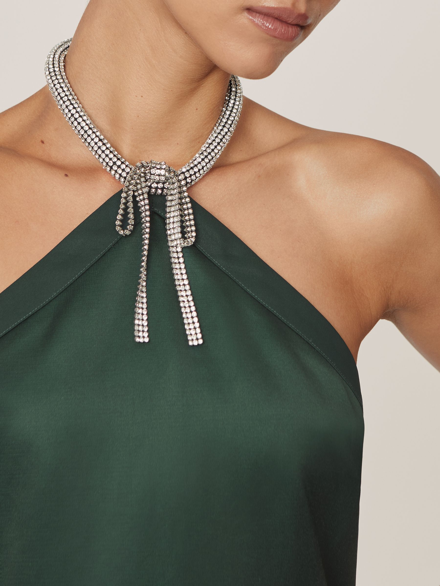 Satin Crystal-Necklace Mini Dress in Green