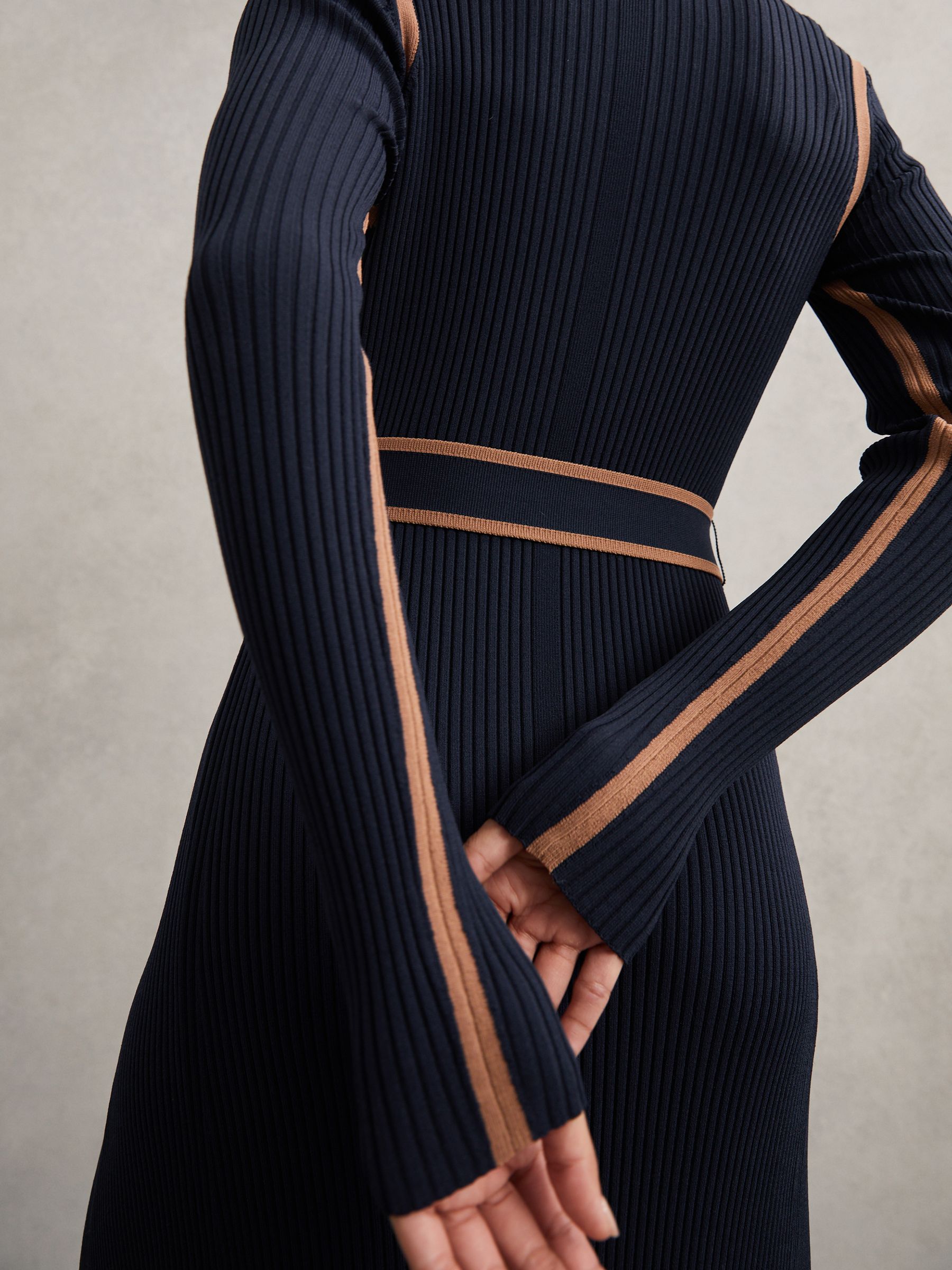 Colourblock Rib-Knit Midi Dress in Navy/Camel