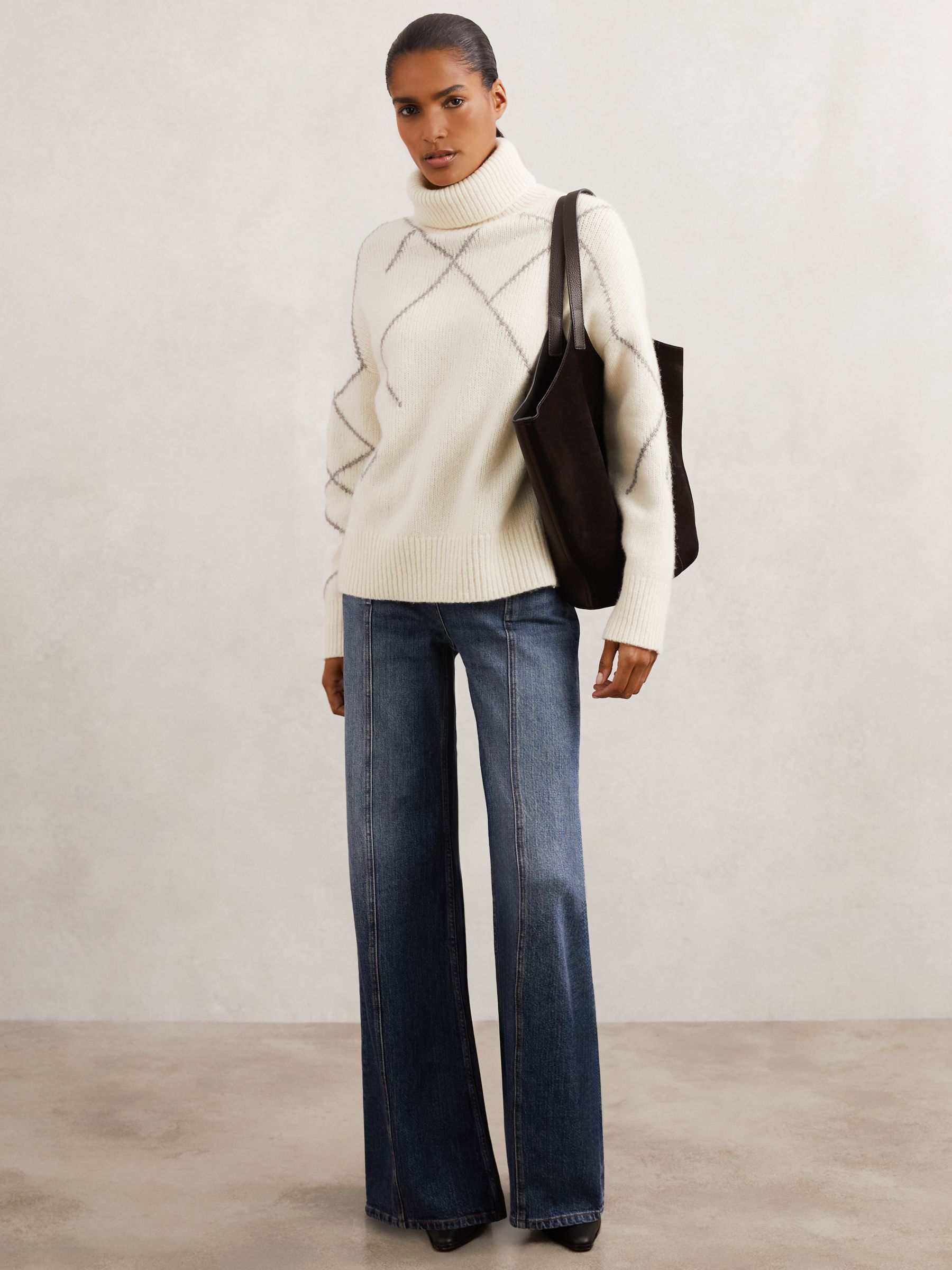 Wool-Blend Roll-Neck Argyle Jumper in Cream/Taupe Brown