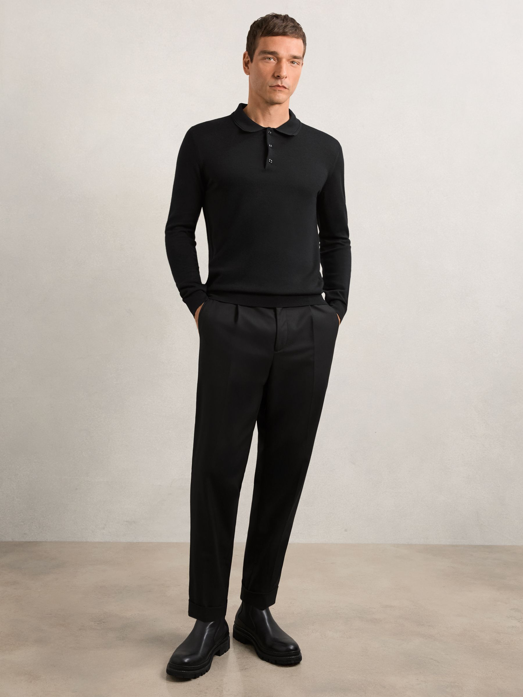 Merino Wool Long-Sleeve Polo Shirt in Black