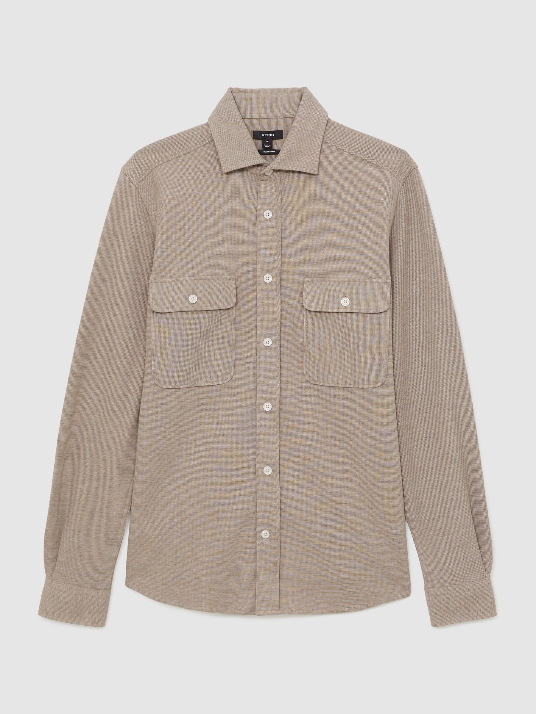 Textured Twin Pocket Cotton Blend Overshirt in Oatmeal Brown Melange