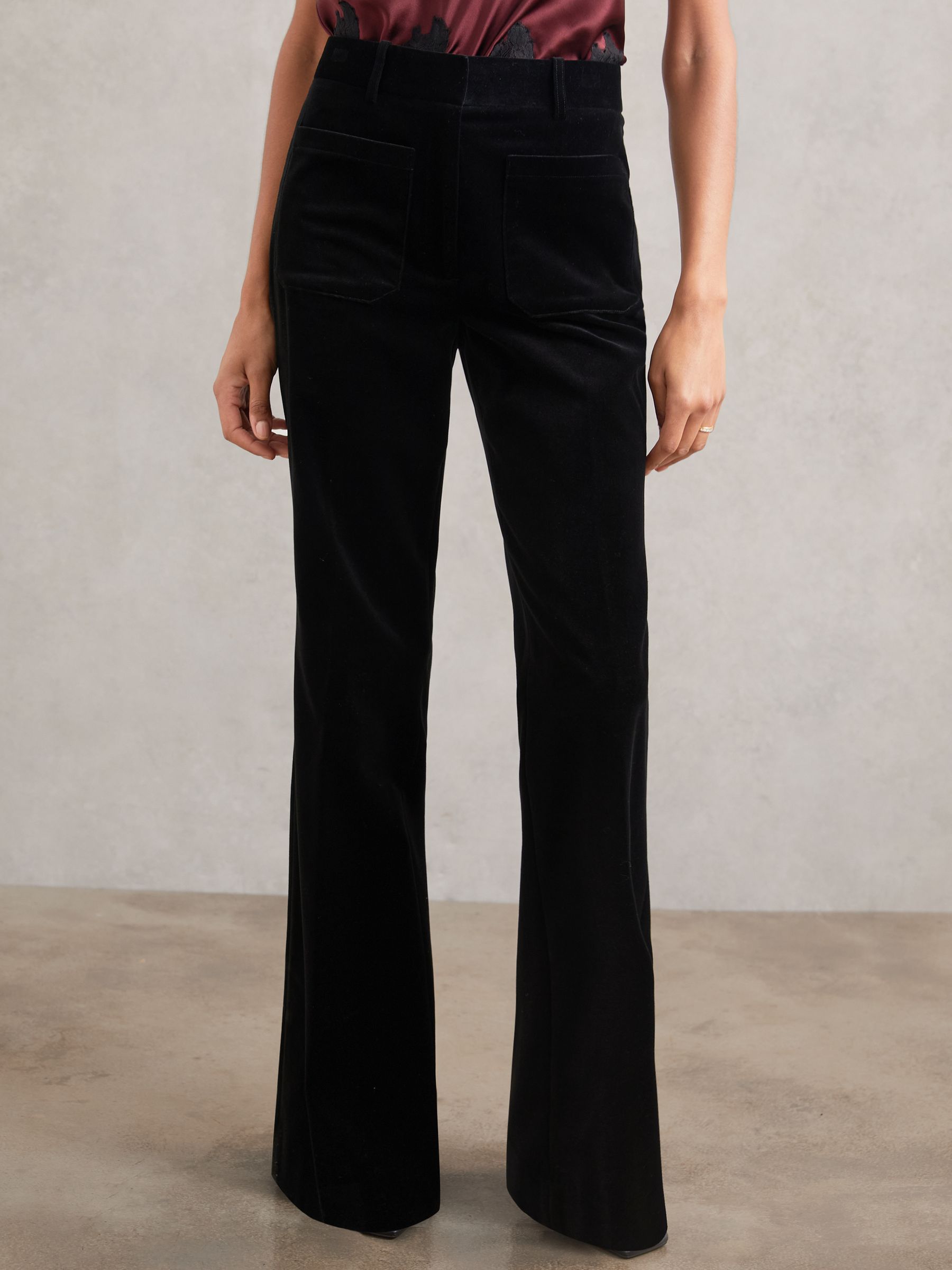 Petite Velvet Flared Trousers in Black