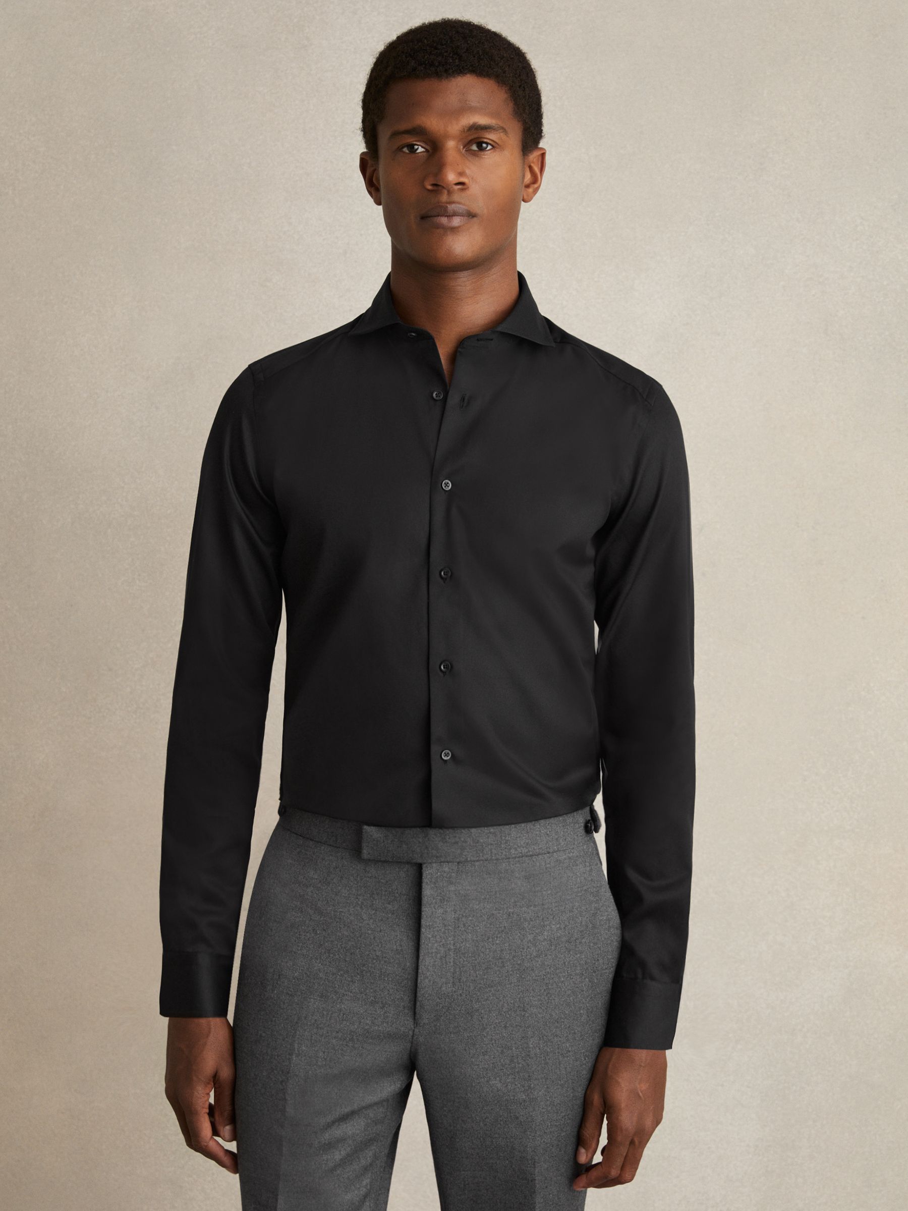 Slim Fit Two-Fold Cotton Shirt in Black