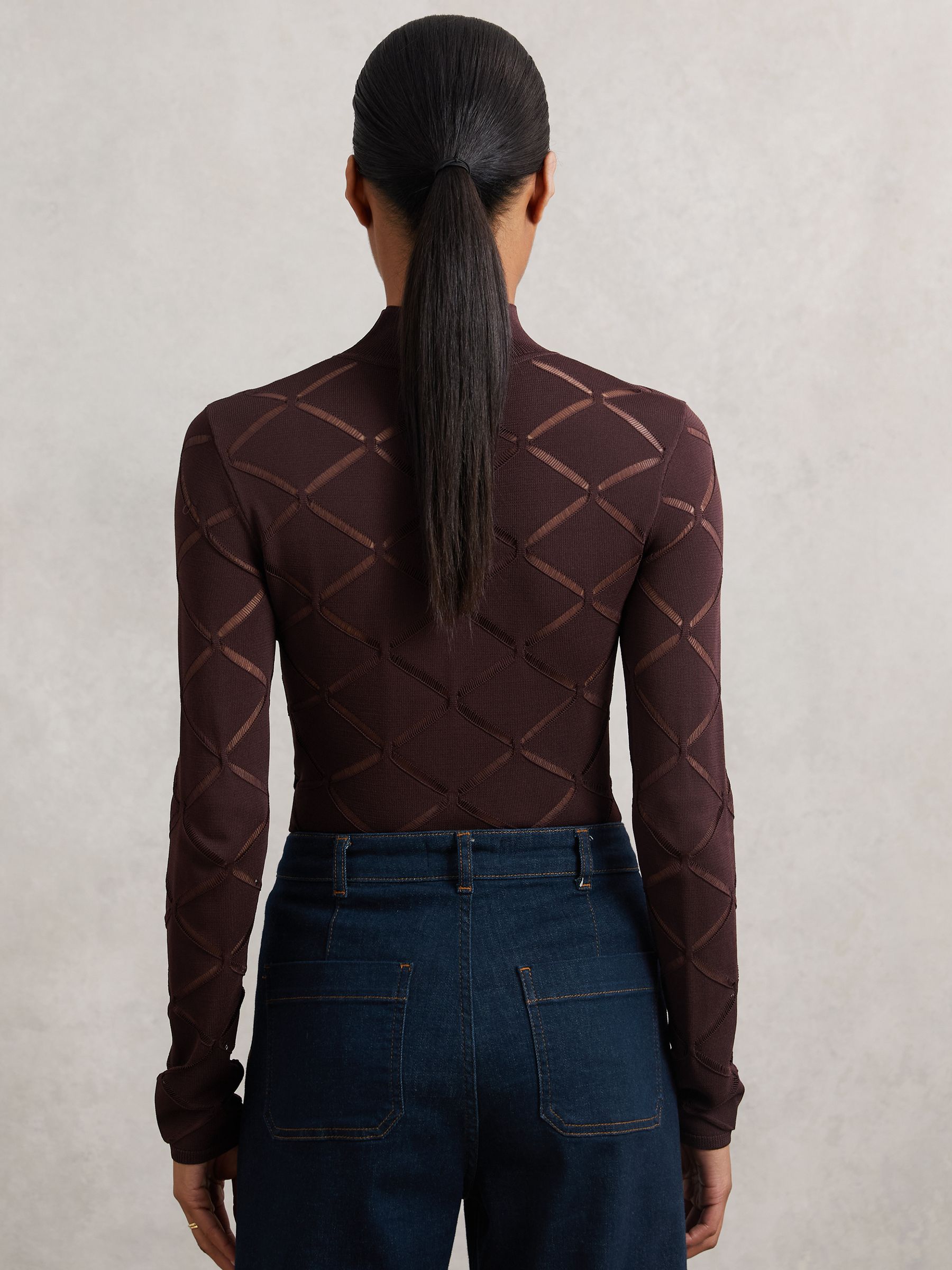 Laser-Cut Funnel-Neck Knit Top in Burgundy