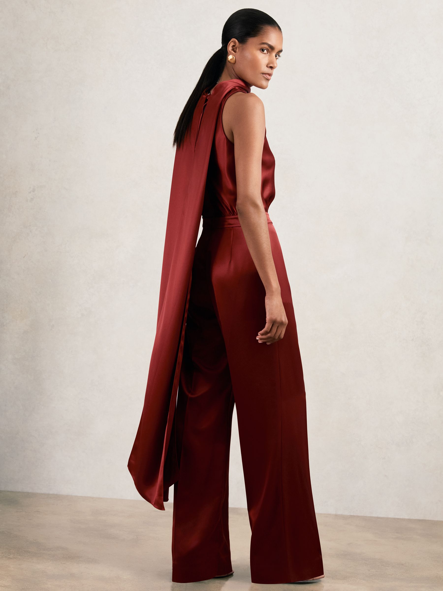 Petite Satin Cape-Sash Jumpsuit in Dark Red