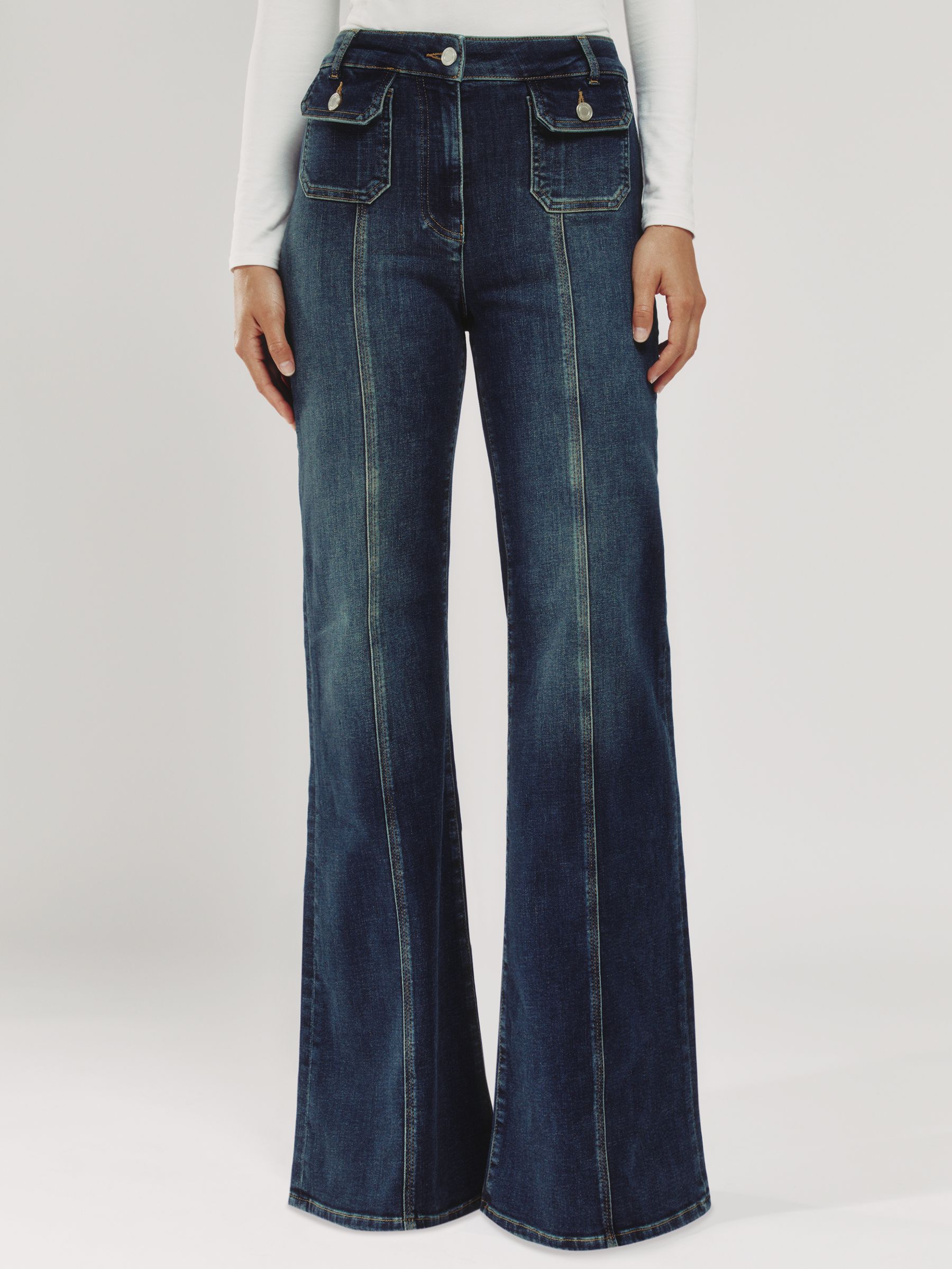 Petite Button-Pocket Flared Jeans in Mid Blue