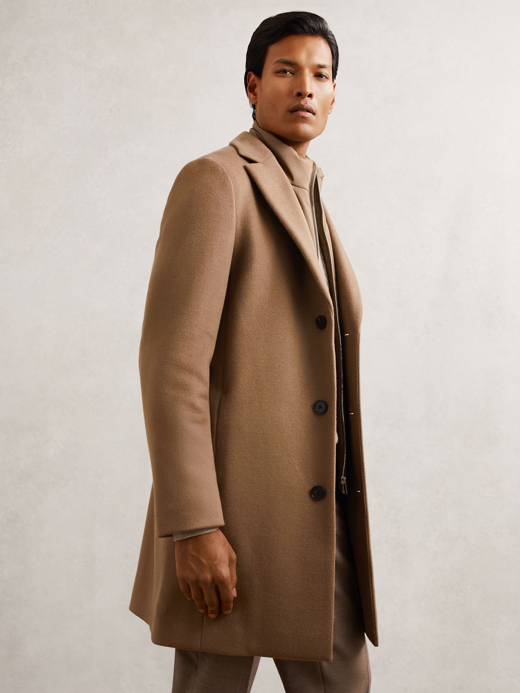 Wool-Blend Internal-Gilet Overcoat in Light Brown