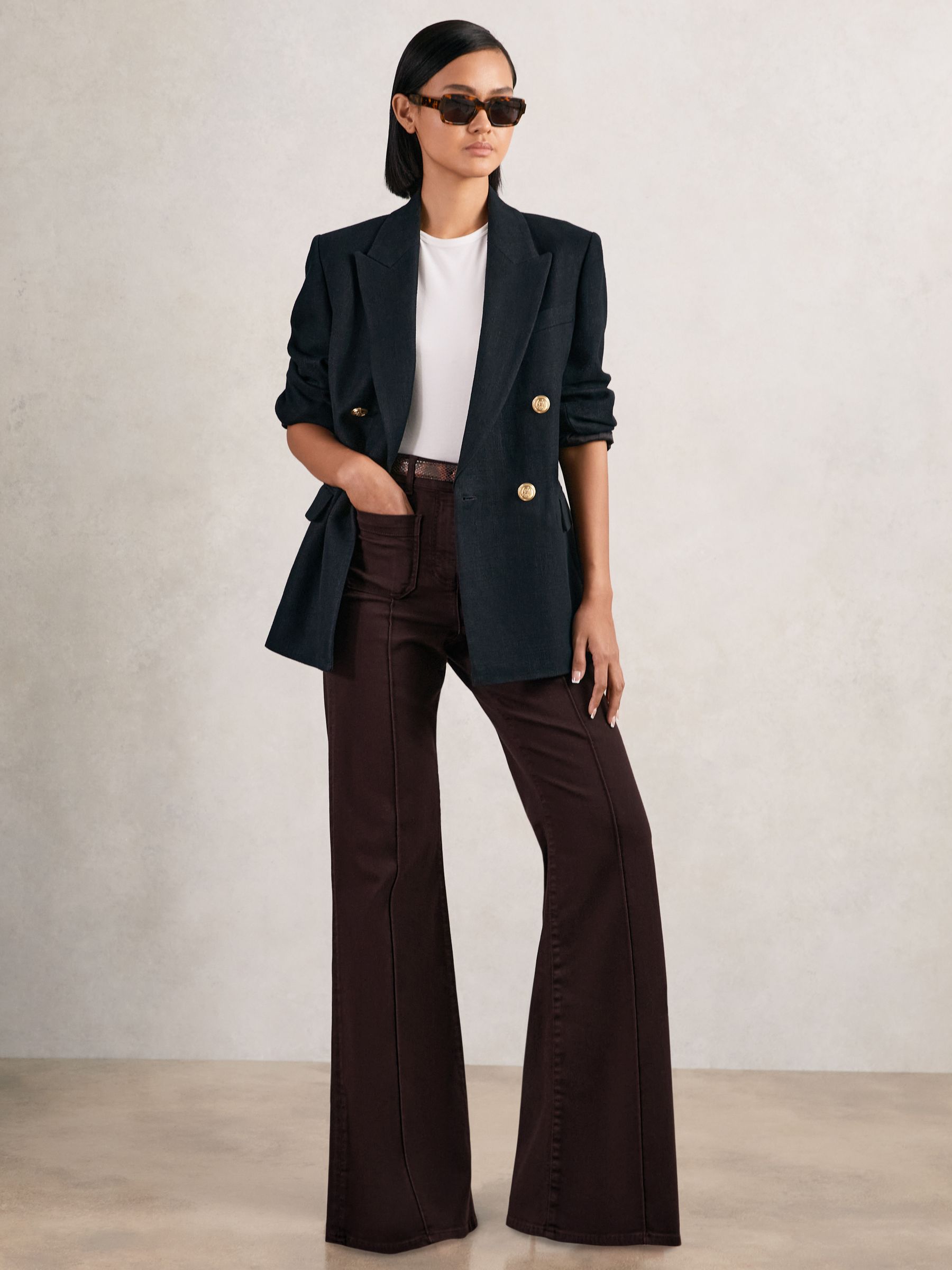 Petite Patch-Pocket Flared Jeans in Taupe Neutral