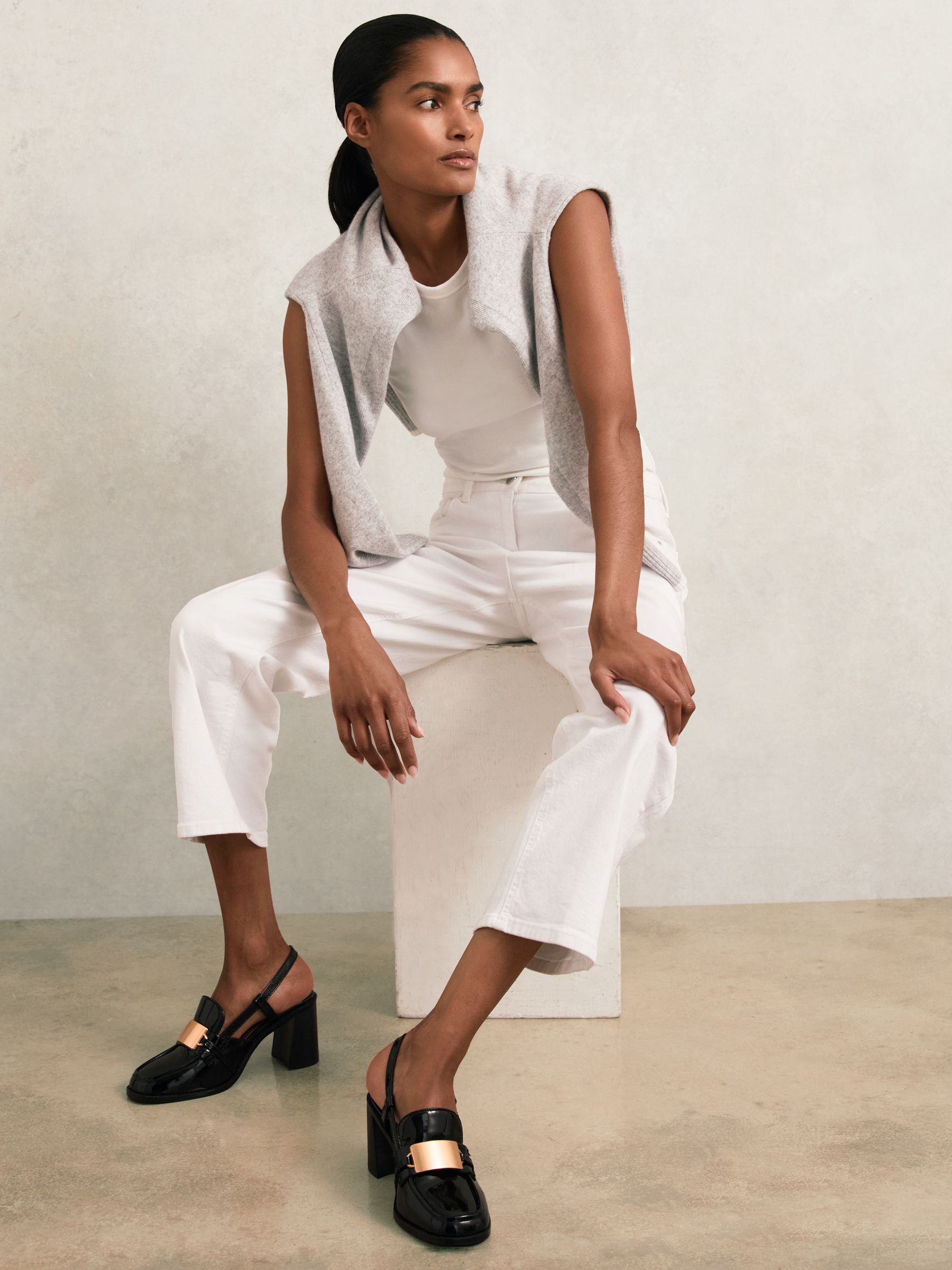 Patent Leather Slingback Heeled Loafers in Black