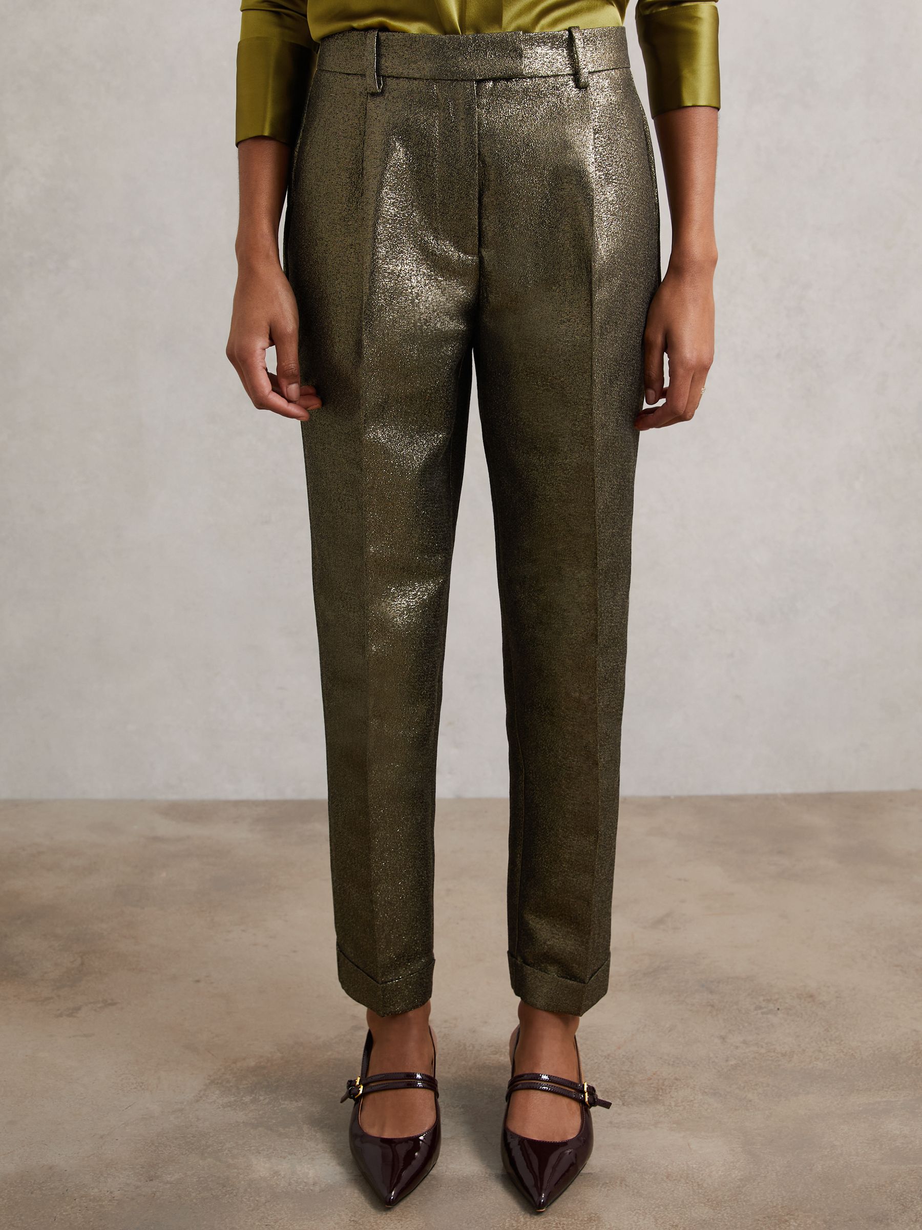 Petite Tapered Metallic Suit Trousers with Cotton in Gold