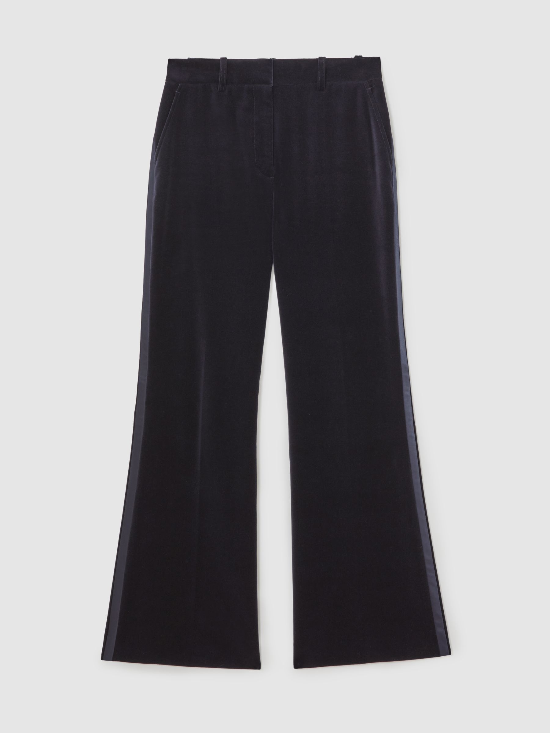Velvet Satin-Stripe Flared Trousers in Navy