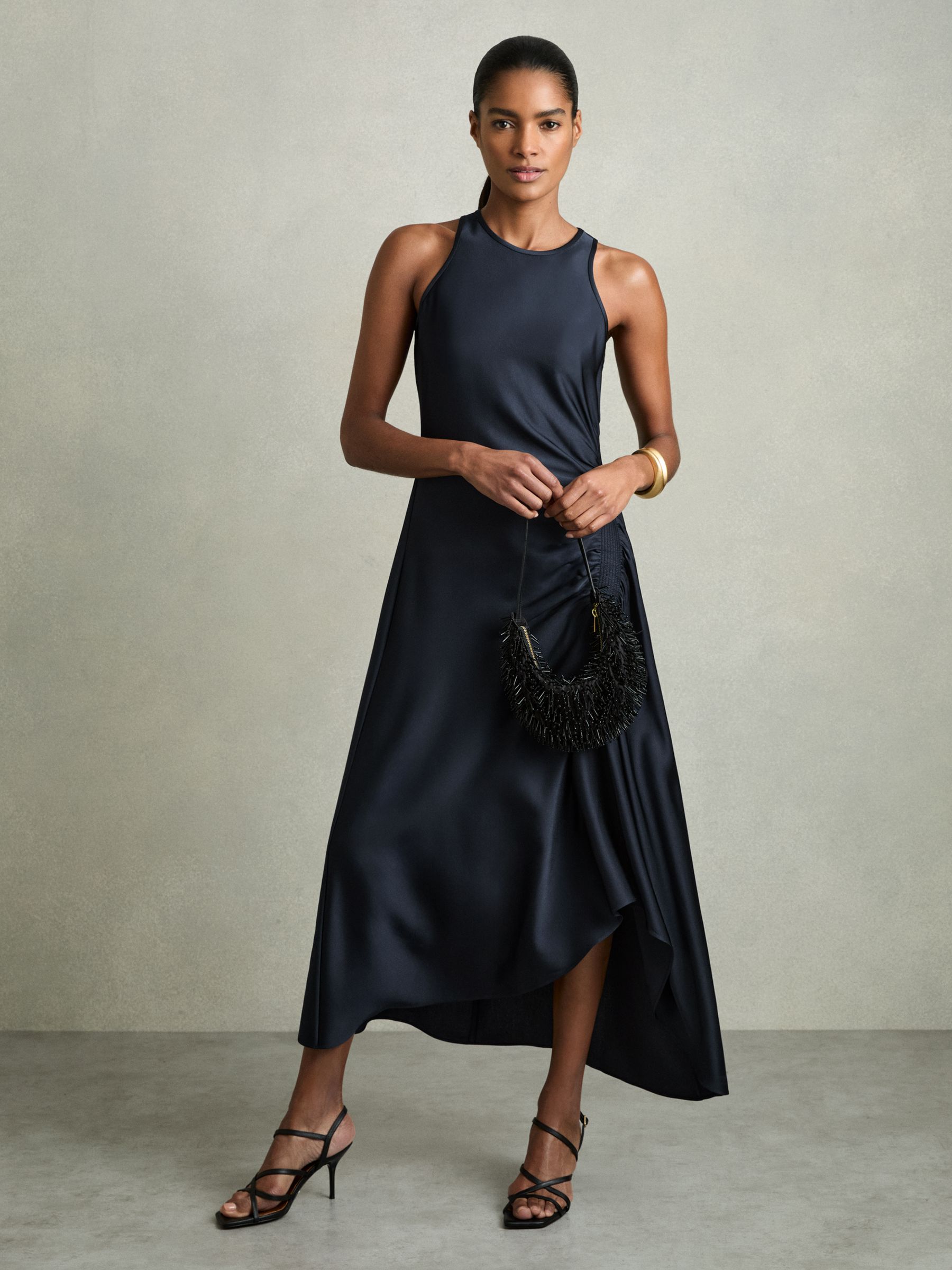 Petite Satin Shirred Midi Dress in Navy