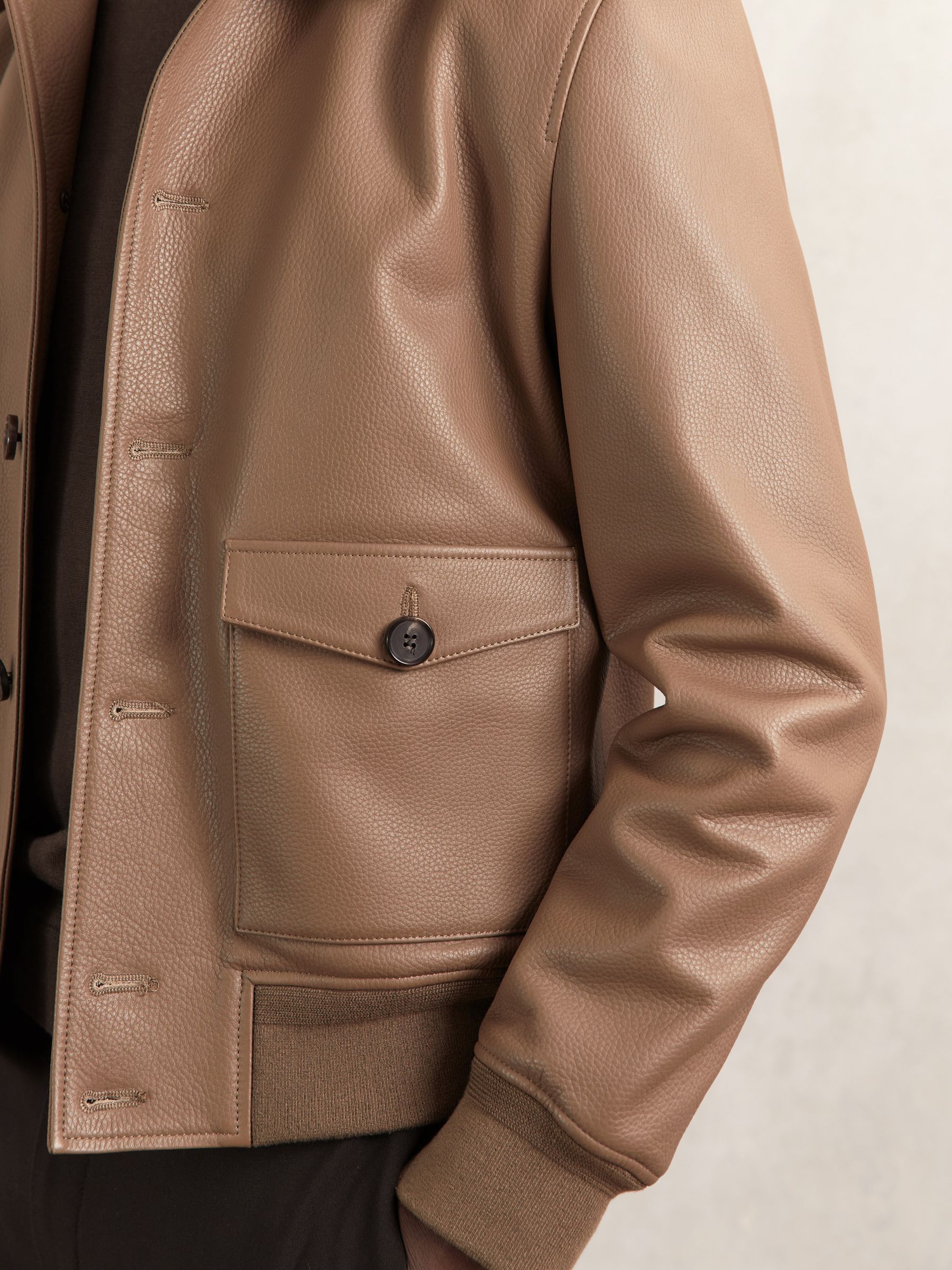 Tumbled-Leather Harrington Jacket in Tan Brown