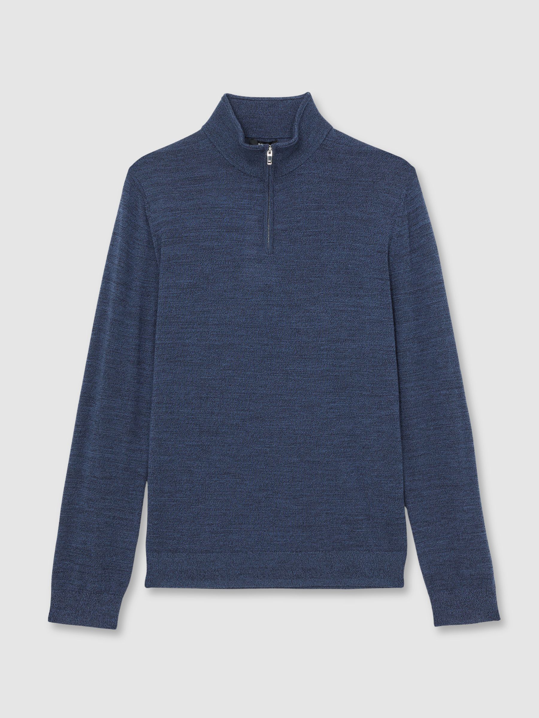 Merino Wool Half-Zip Funnel Neck Jumper in Denim Jaspe