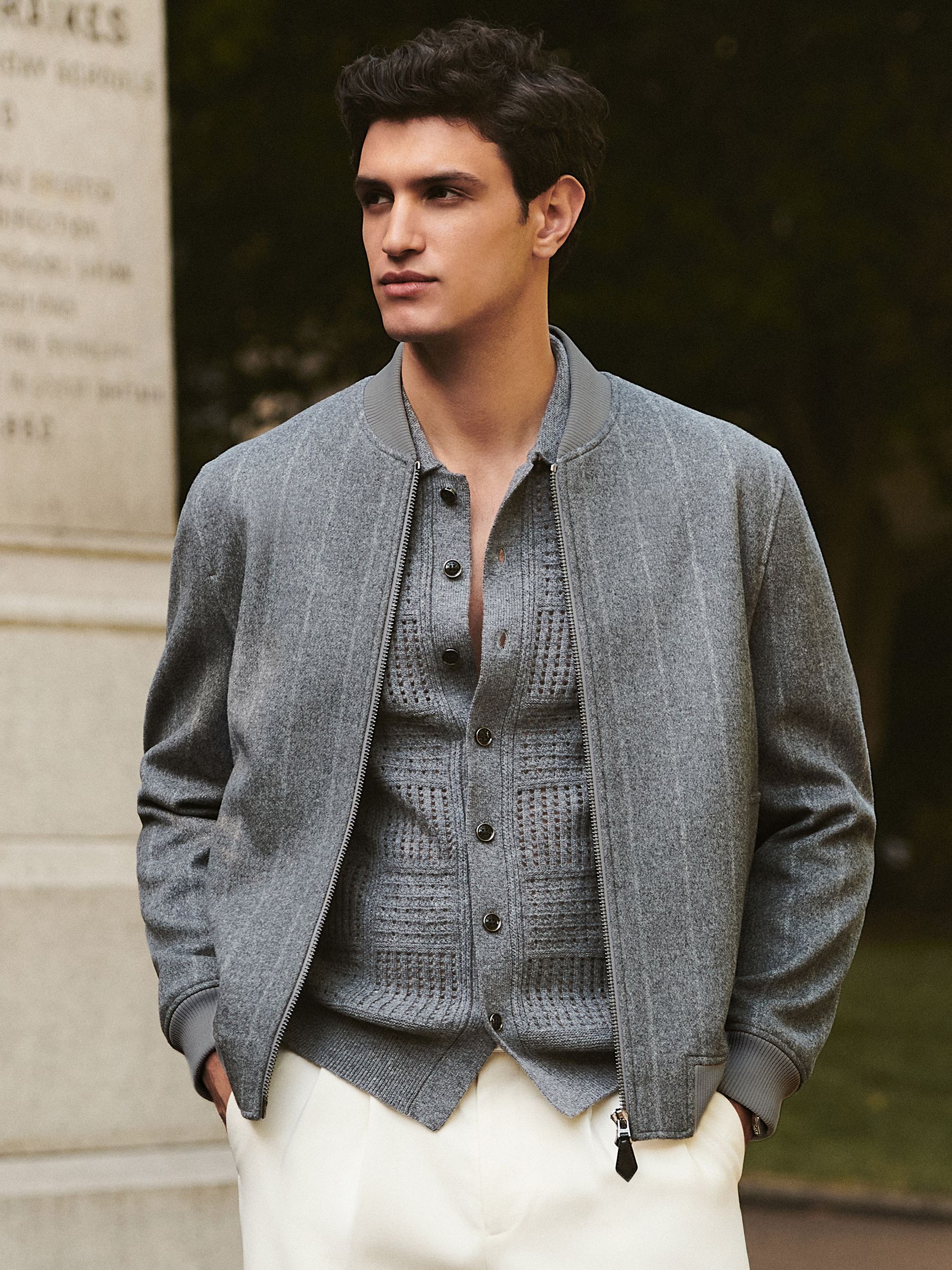 Wool-Blend Chalk-Stripe Bomber Jacket in Navy