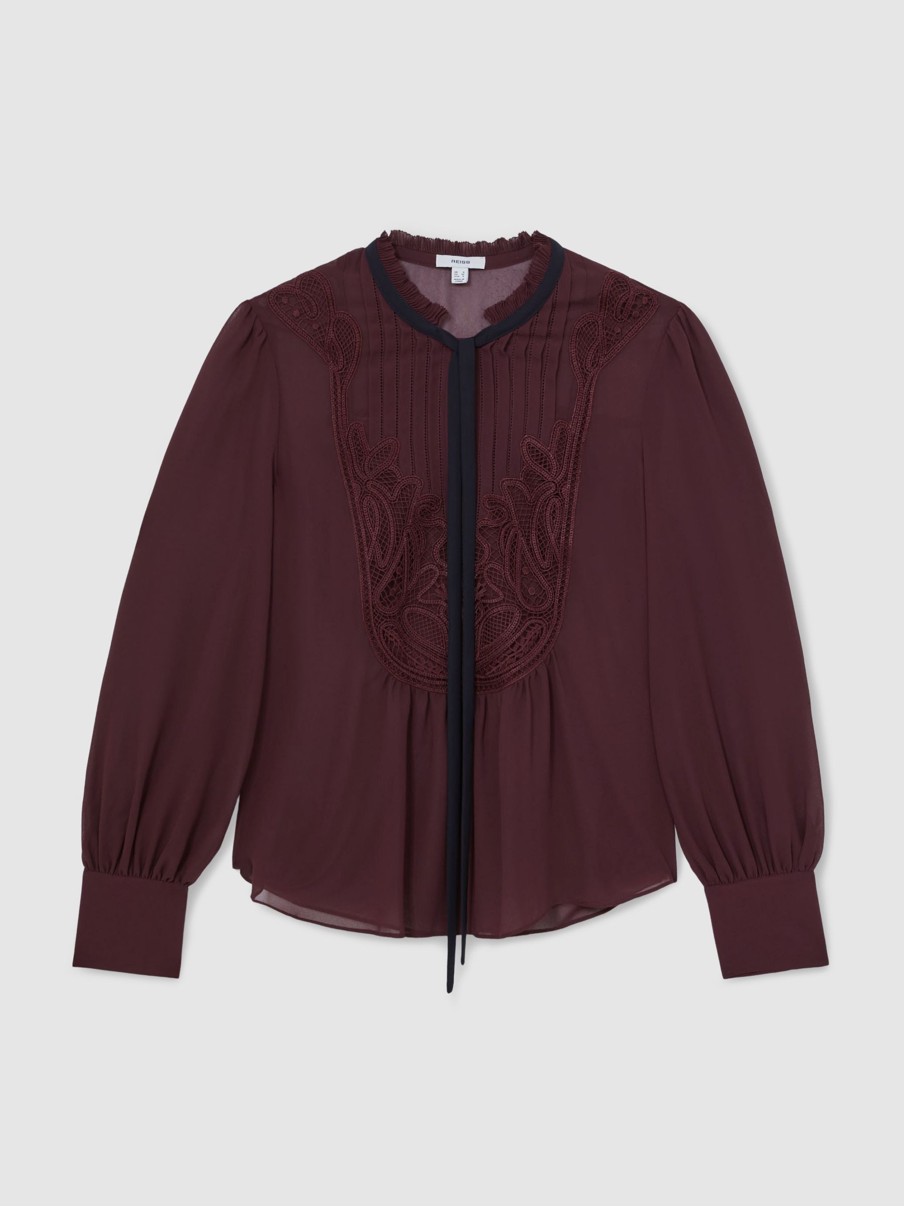 Lace-Embroidered Tie-Neck Shirt in Burgundy