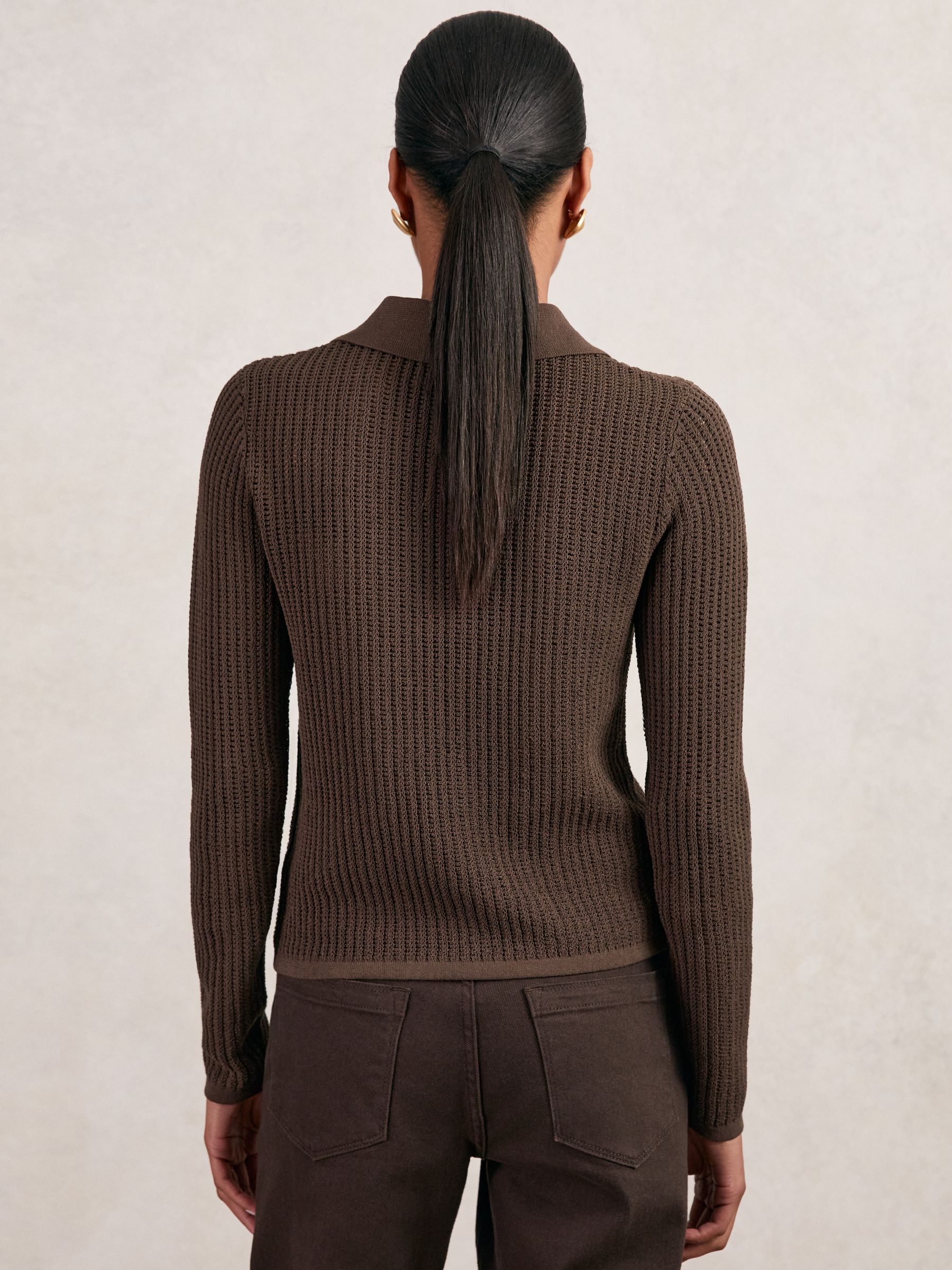 Open-Knit Long-Sleeve Polo Top in Chocolate Brown