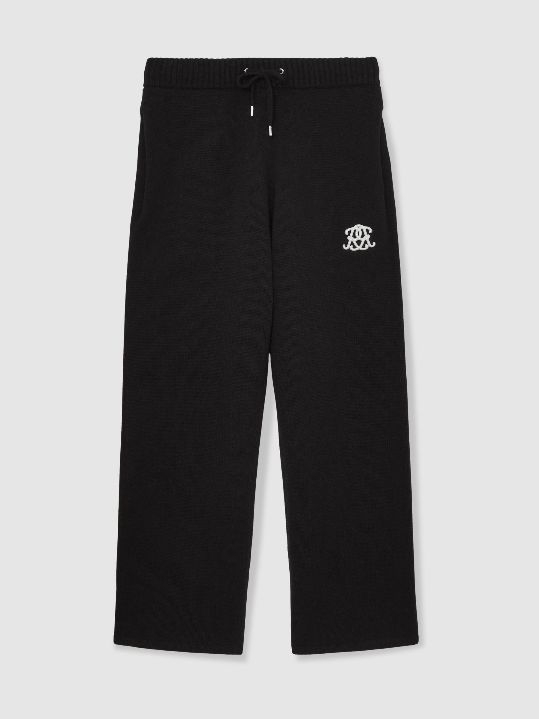 Monogram Wool Wide-Leg Knitted Joggers in Black
