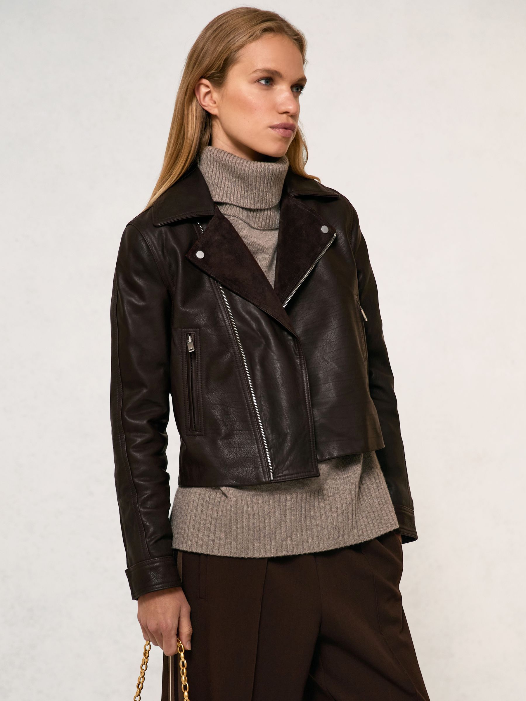 Petite Suede-Lapel Leather Biker Jacket in Chocolate Brown