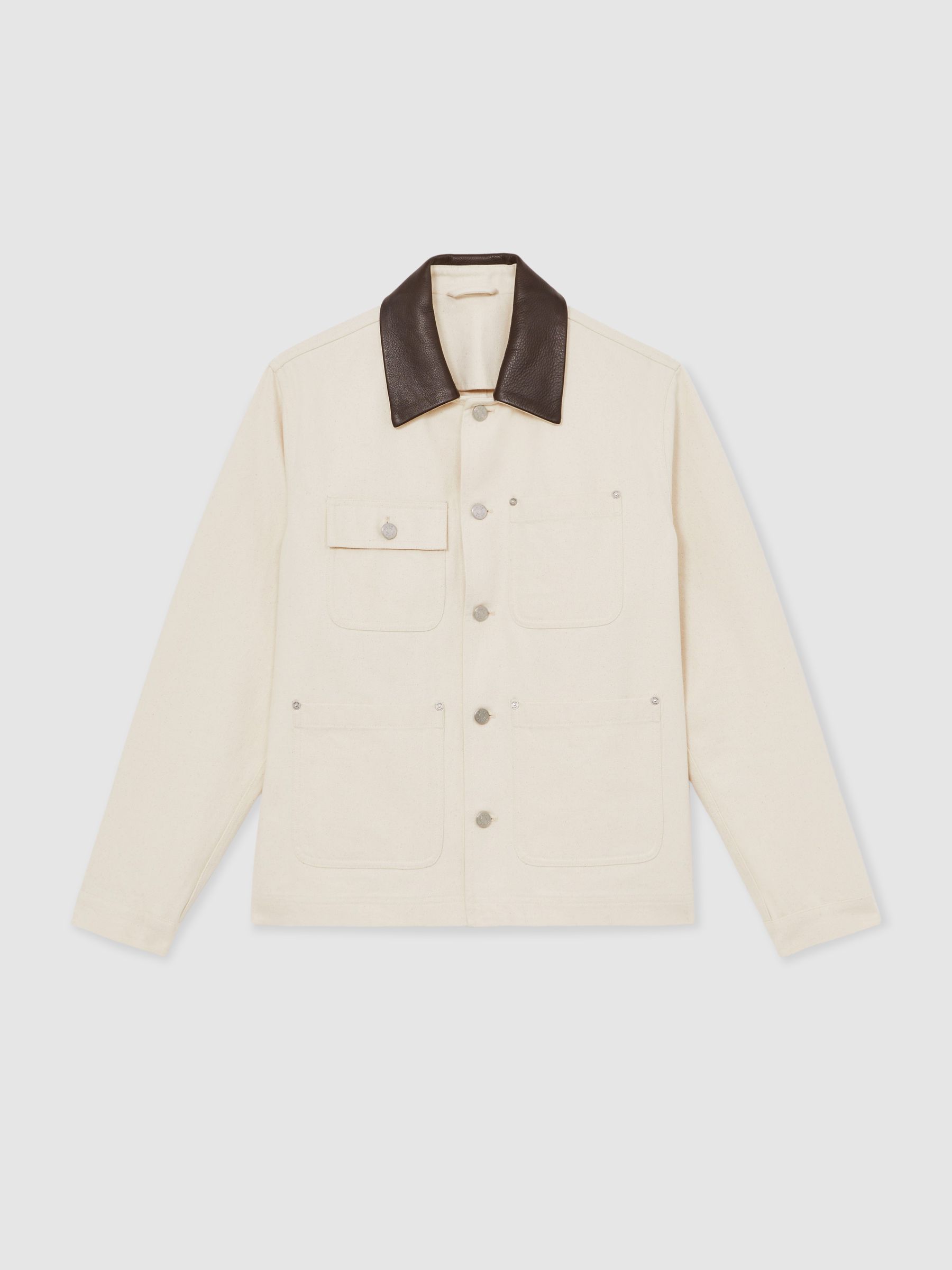 Denim Leather-Collar Worker Jacket in Off White