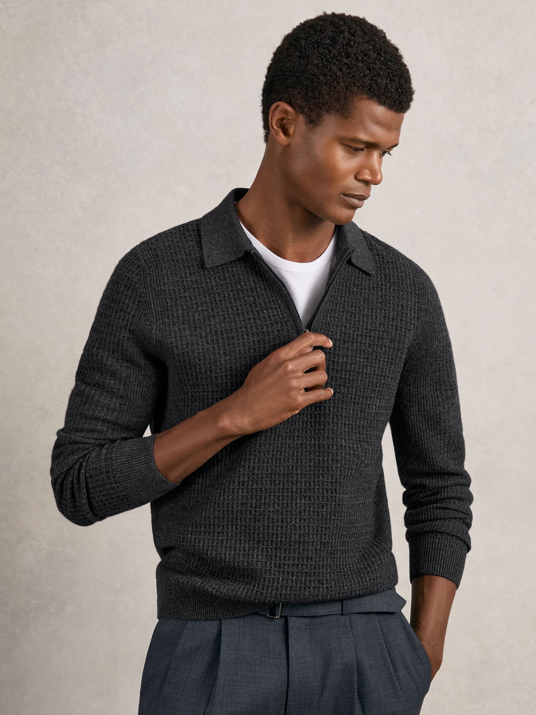 Wool Waffle-Knit Half-Zip Polo Shirt in Charcoal Grey