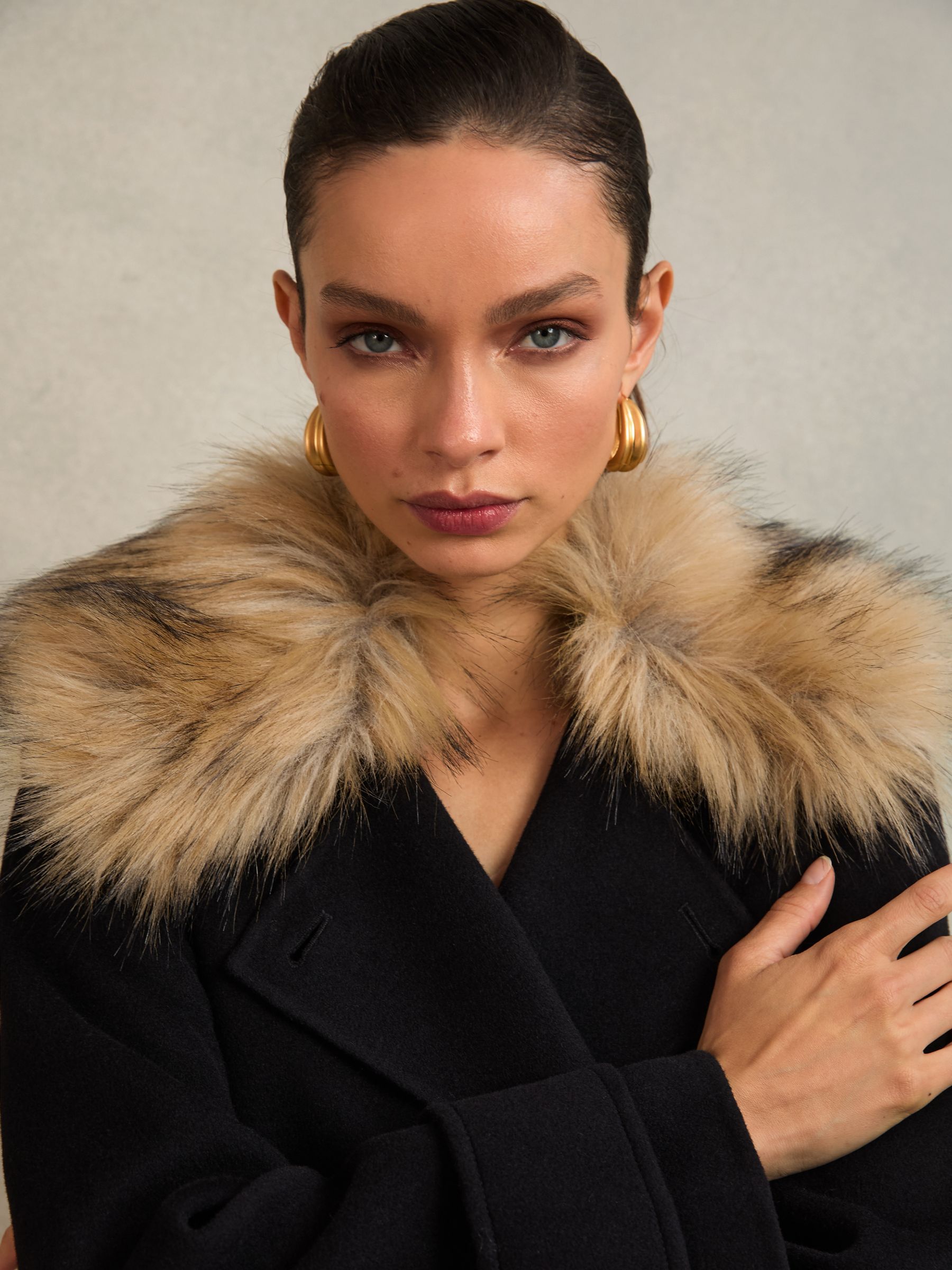 Atelier Wool Faux-Fur Collar Coat in Black