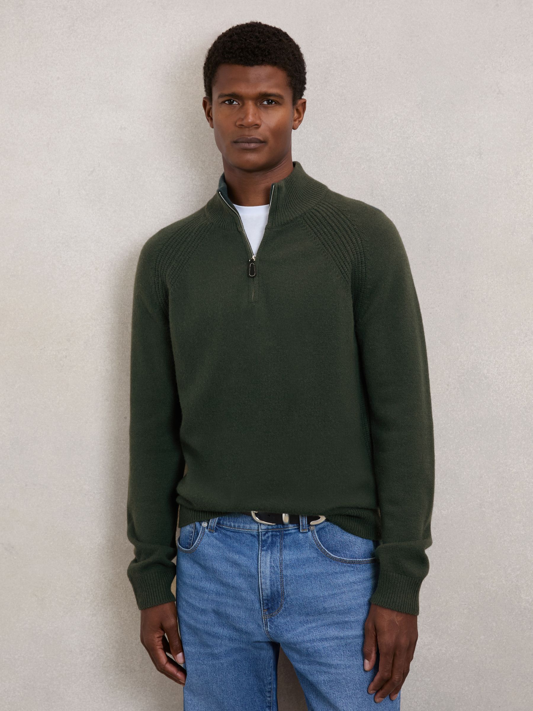 Wool And Cashmere Half-Zip Jumper in Forest Green