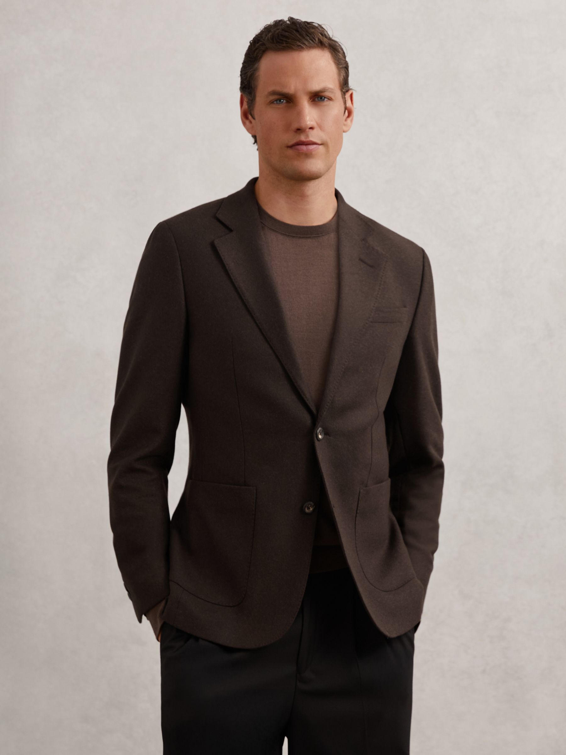 Flannel Slim-Fit Single-Breasted Blazer with Wool in Chocolate Brown