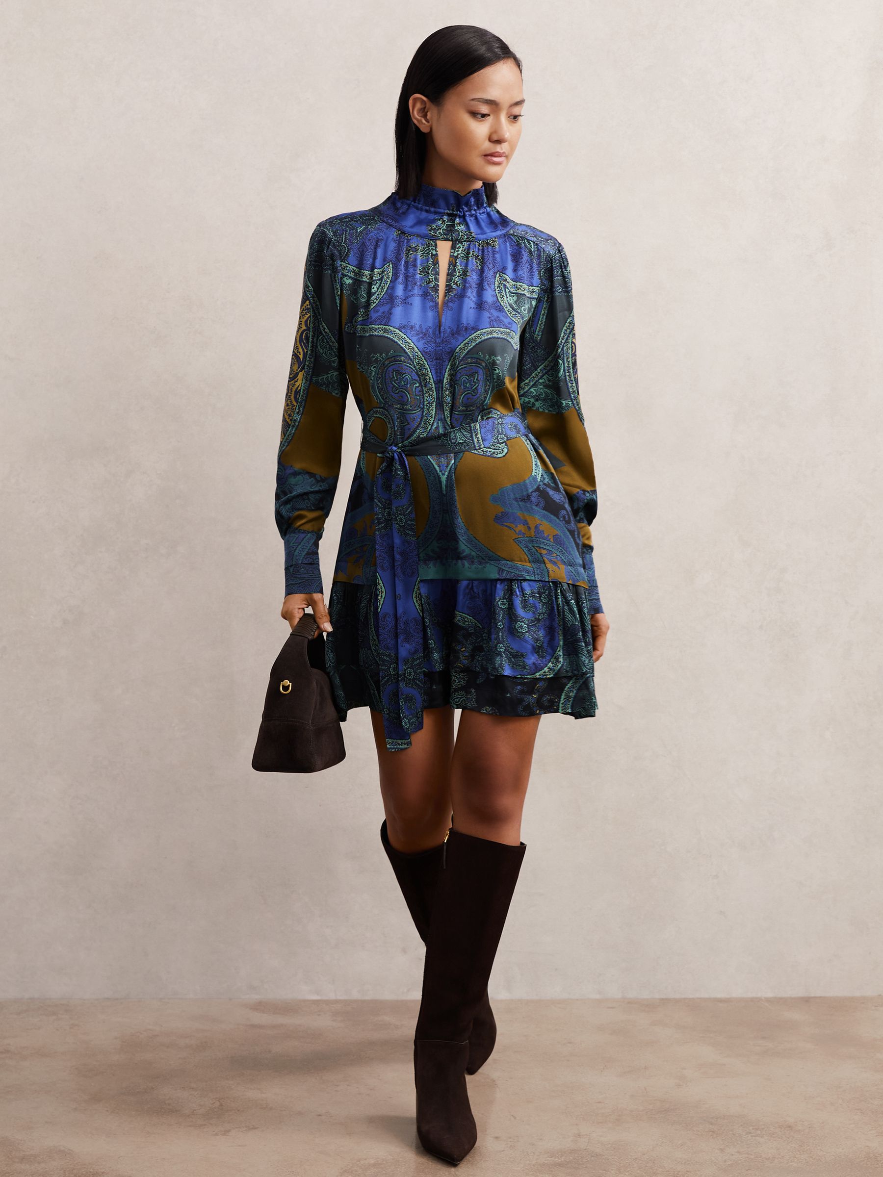 Paisley-Print Belted Mini Dress in Blue