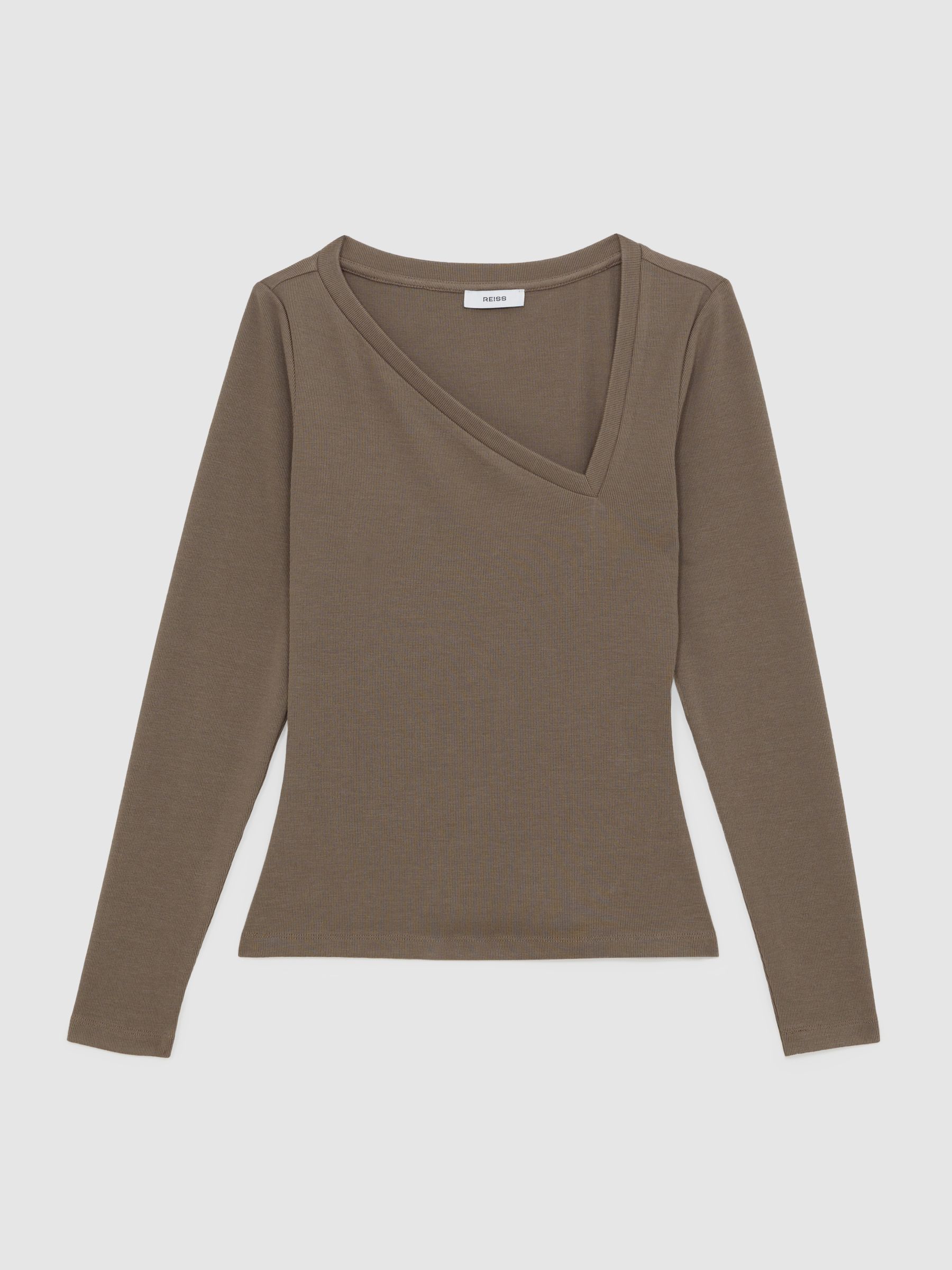 Stretch-Cotton Asymmetric-Neck Top in Taupe Neutral