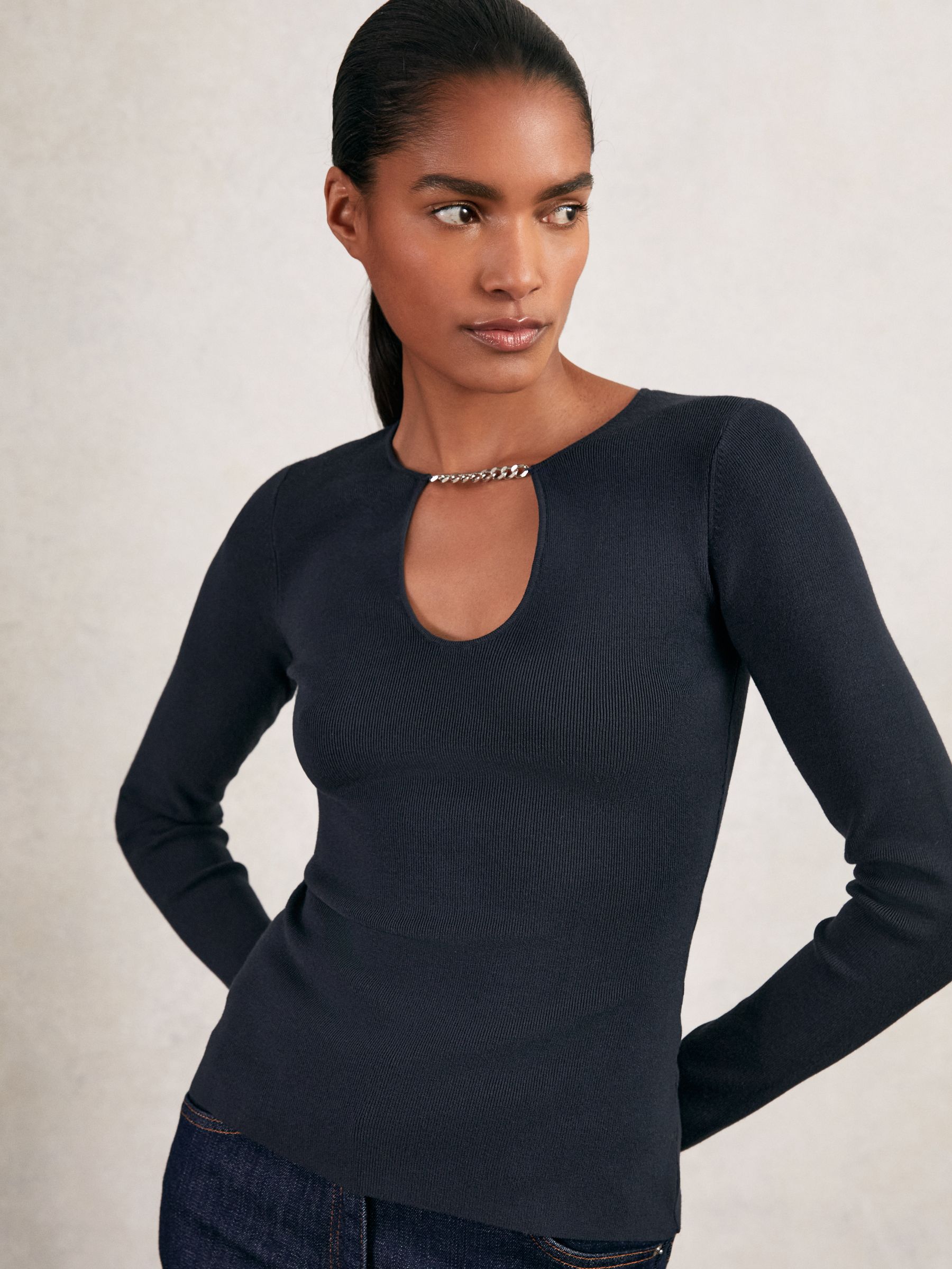 Chain-Detail Keyhole Knit Top in Navy