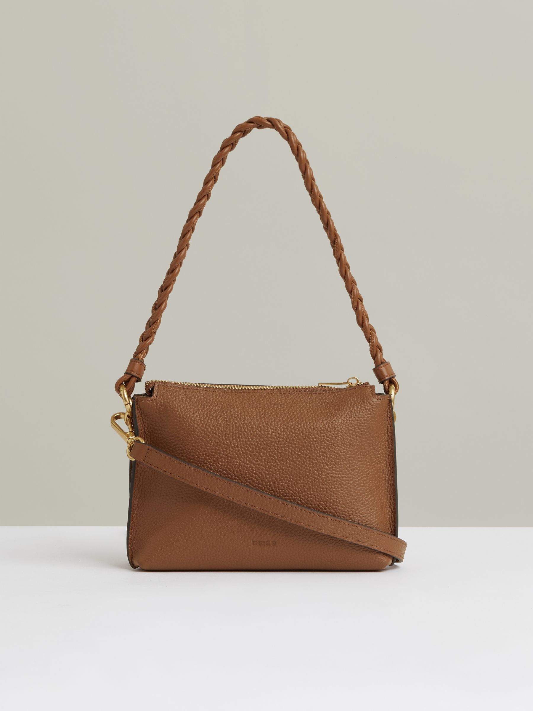 Suede Plaited-Strap Cross-Body Bag in Tan