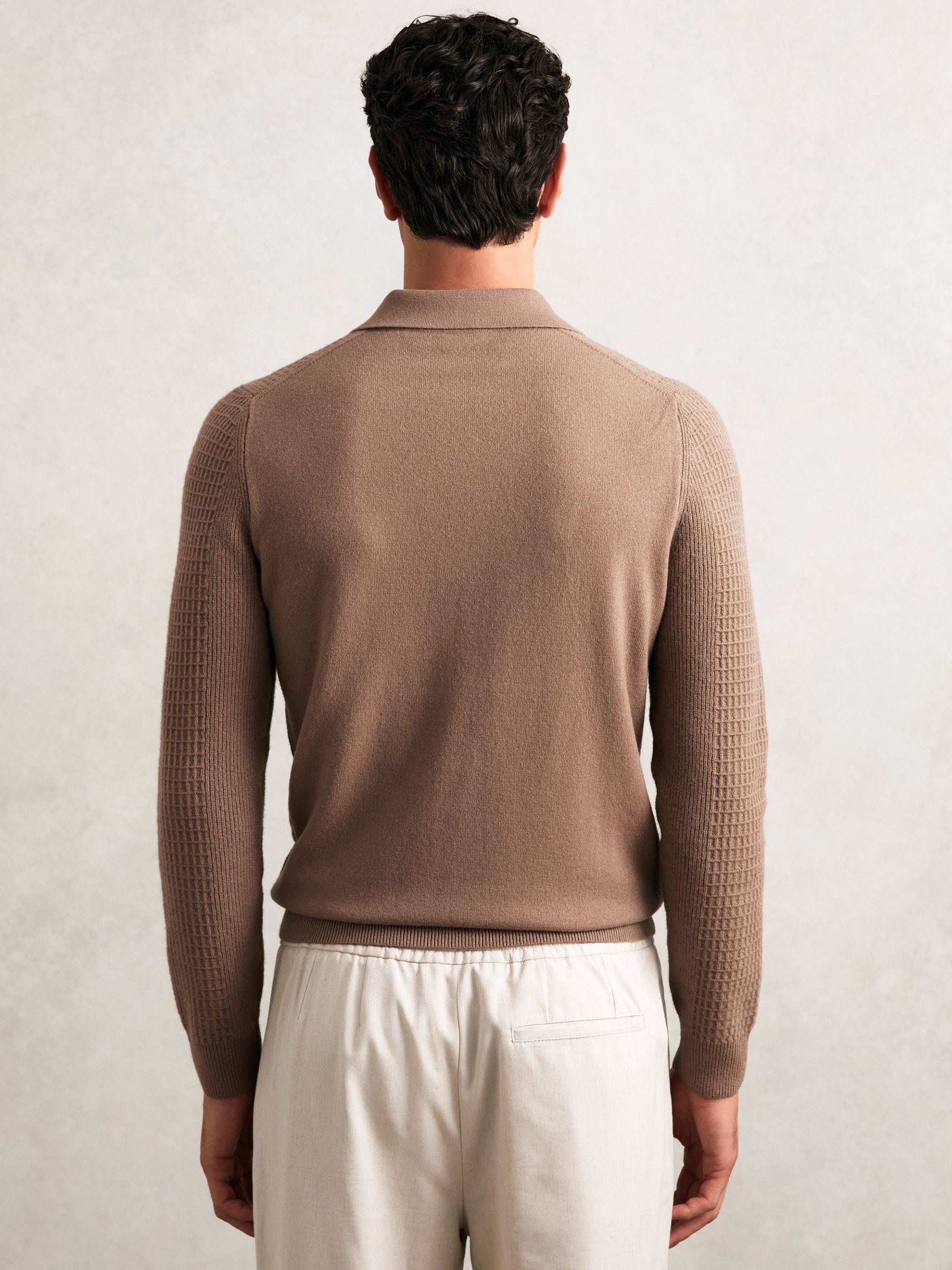 Wool Waffle-Knit Half-Zip Polo Shirt in Camel Brown