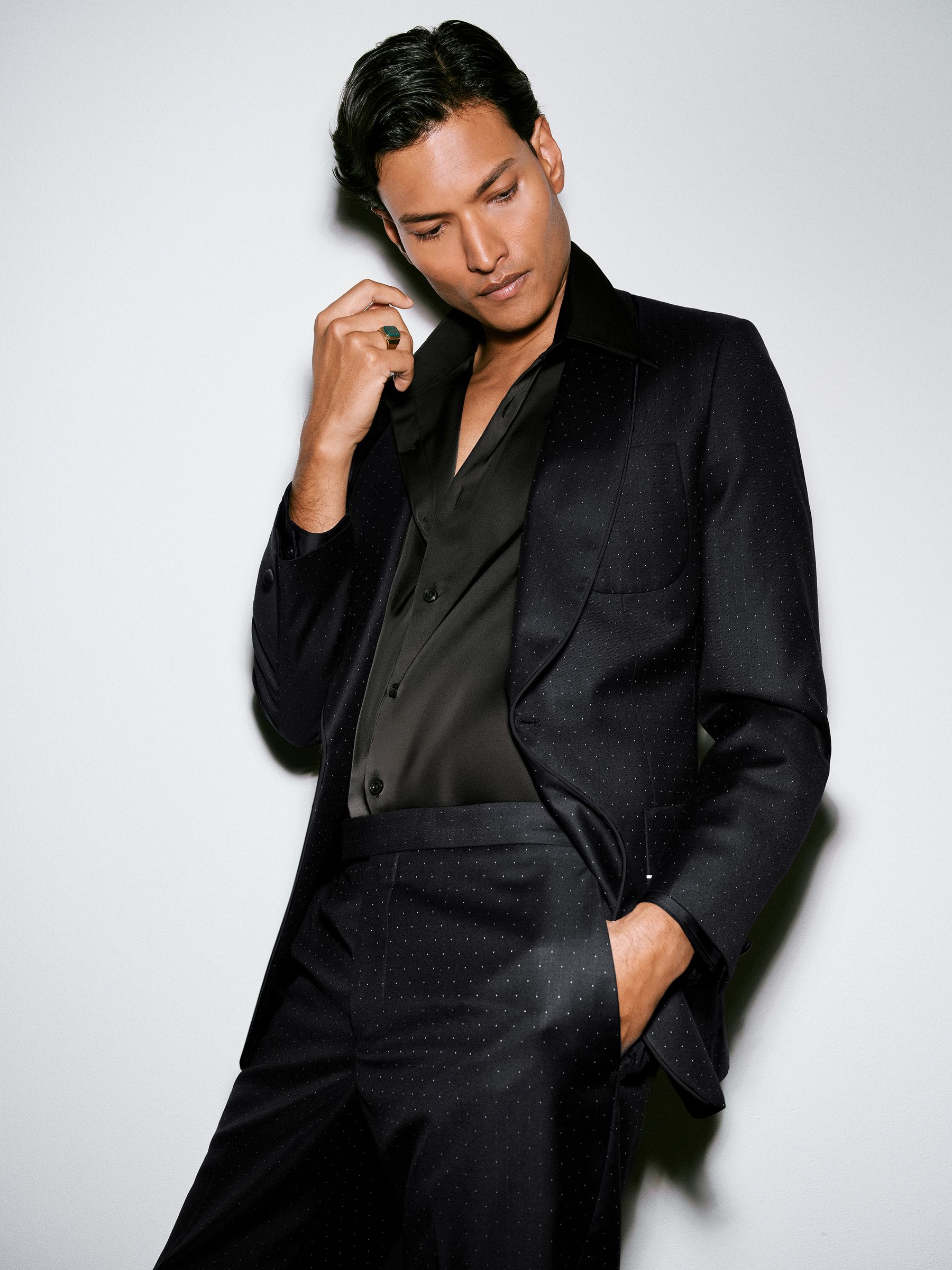 Single-Breasted Polka-Dot Suit Blazer Tailored-Fit Wool-Blend in Midnight Navy