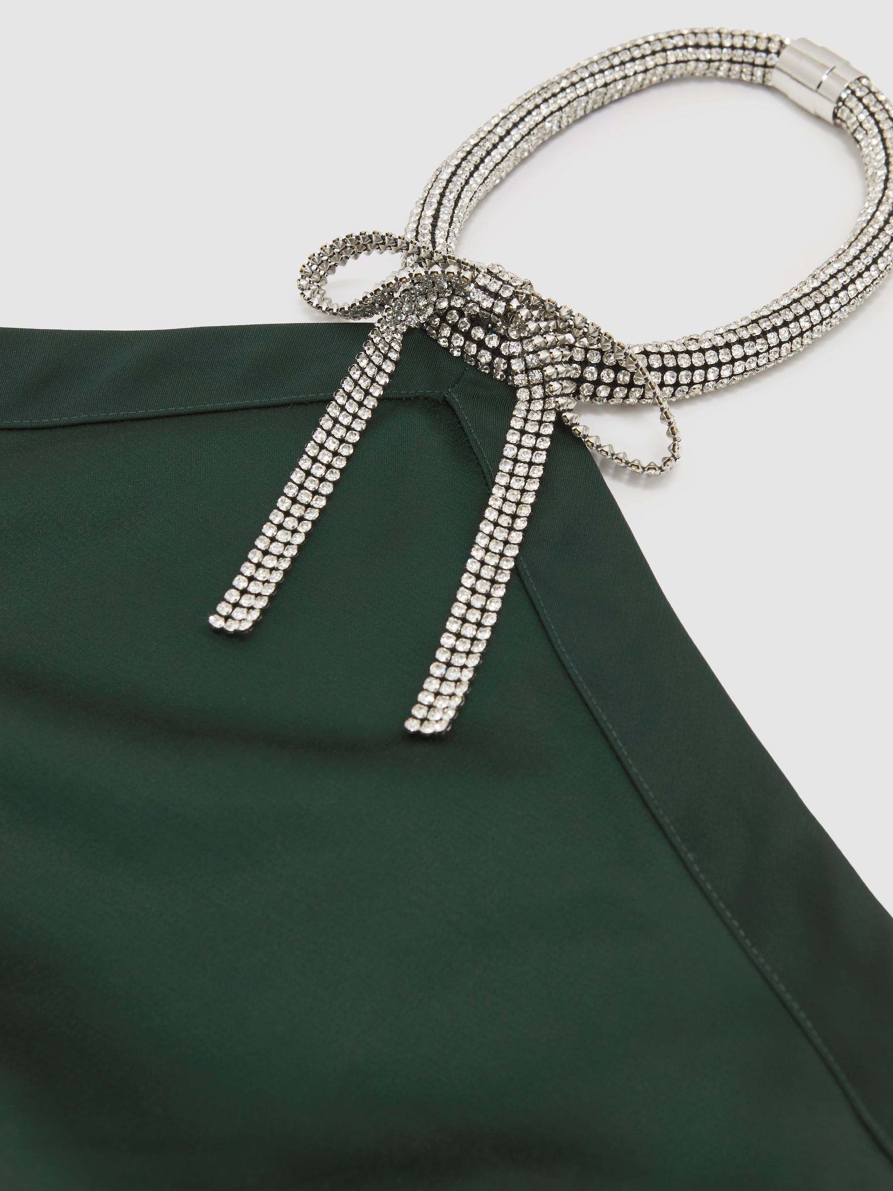 Satin Crystal-Necklace Mini Dress in Green