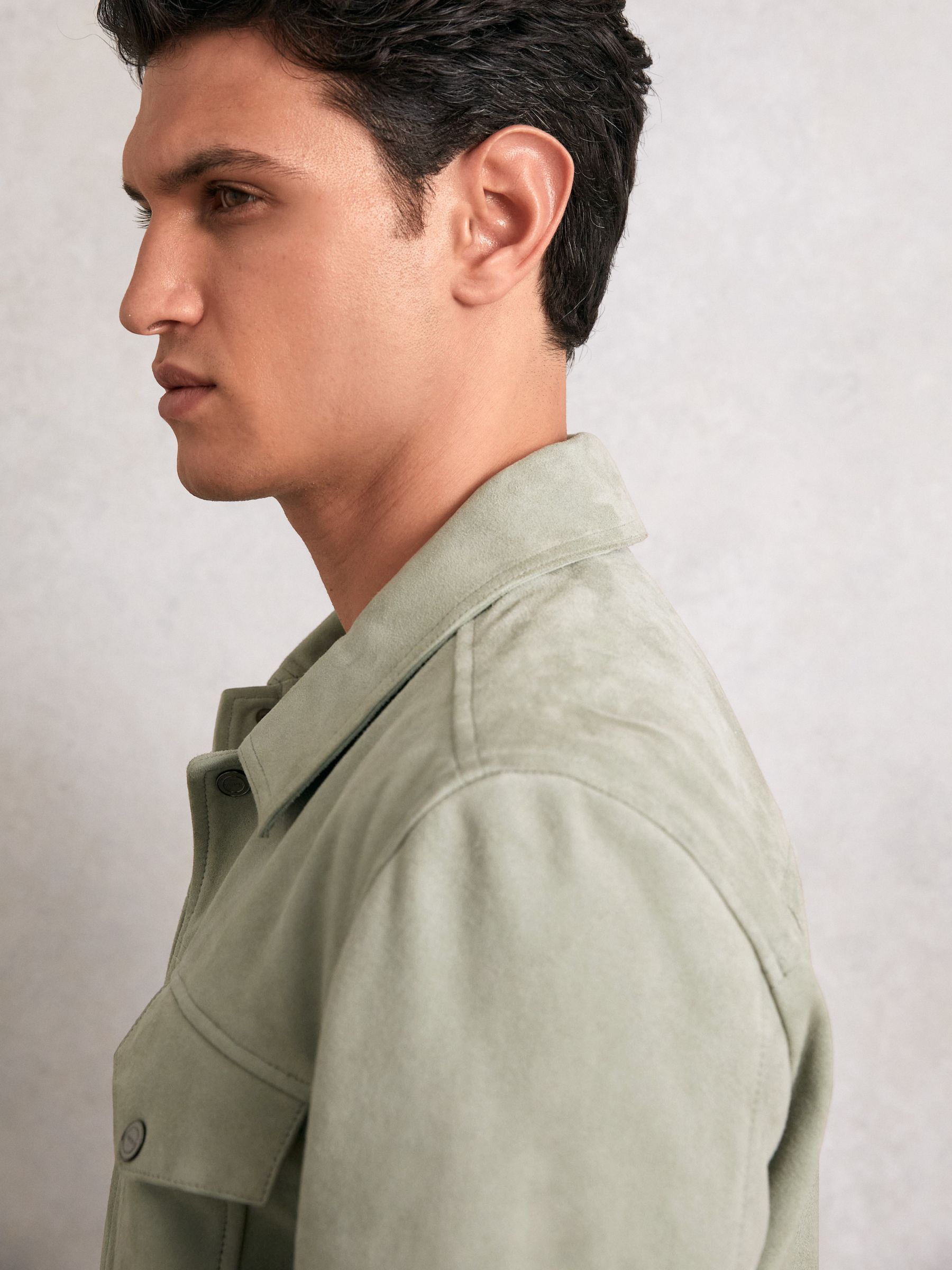 Suede Press Stud Trucker Jacket in Pistachio Green